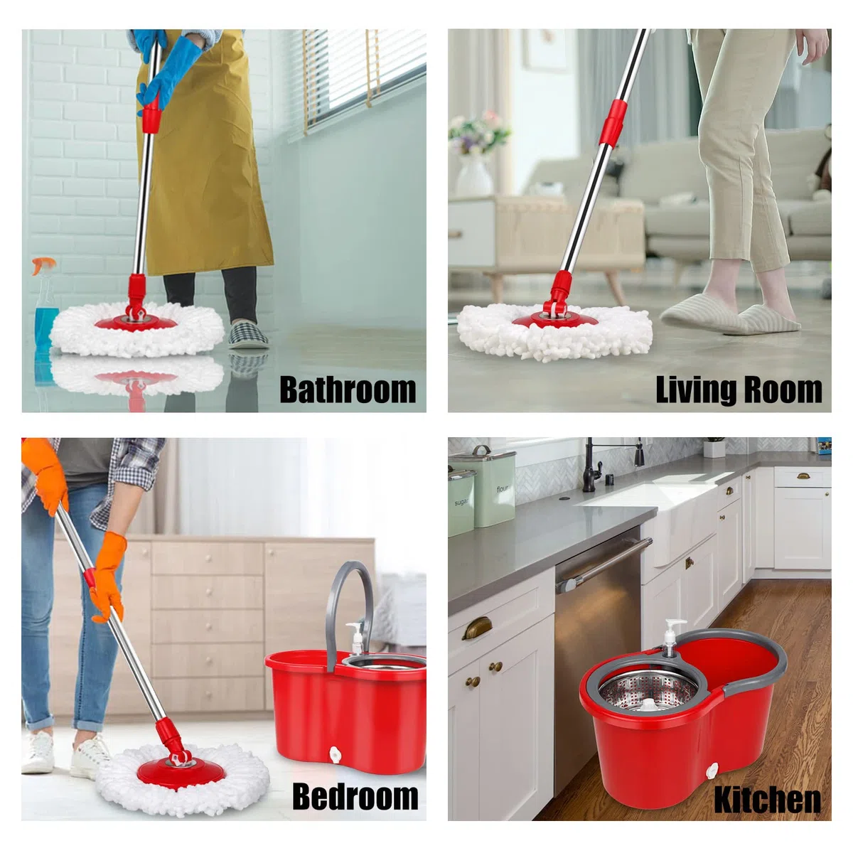 Juego de fregona y cubo con escurridor, fregona giratoria de microfibra y cubo 2 recambios adicionales, sistema de limpieza de pisos, rojo/gris