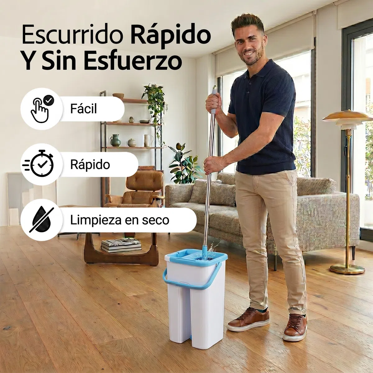 Mopa Fregar Suelo con Cubo Escurridor Sistema Limpieza Plano con Microfibra Absorbente Mango Giratorio 360 Limpieza Facil Sin Esfuerzo Hogar Suelos Cocina Baño Reutilizable