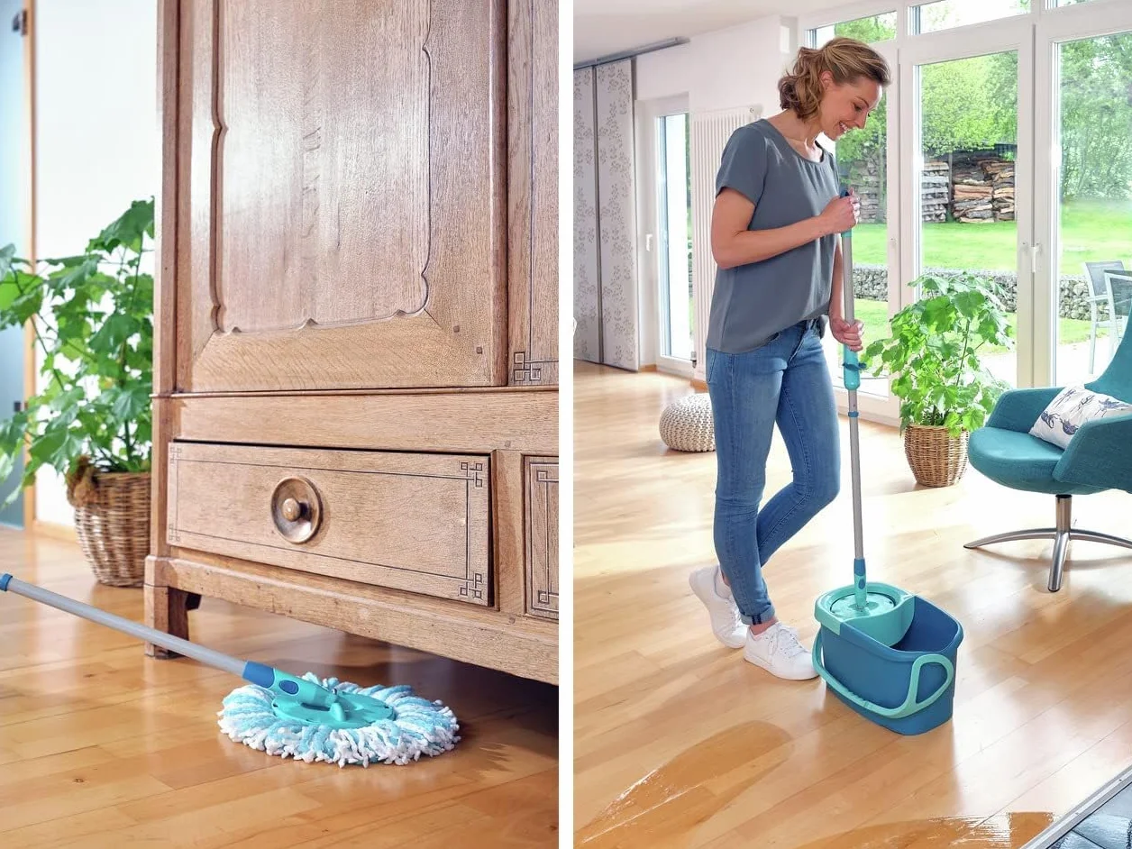 Leifheit Set de fregona rotatoria Clean Twist Disc Mop Ergo 2.0, fregona giratoria con cabezal Micro Duo, set de limpieza en húmedo