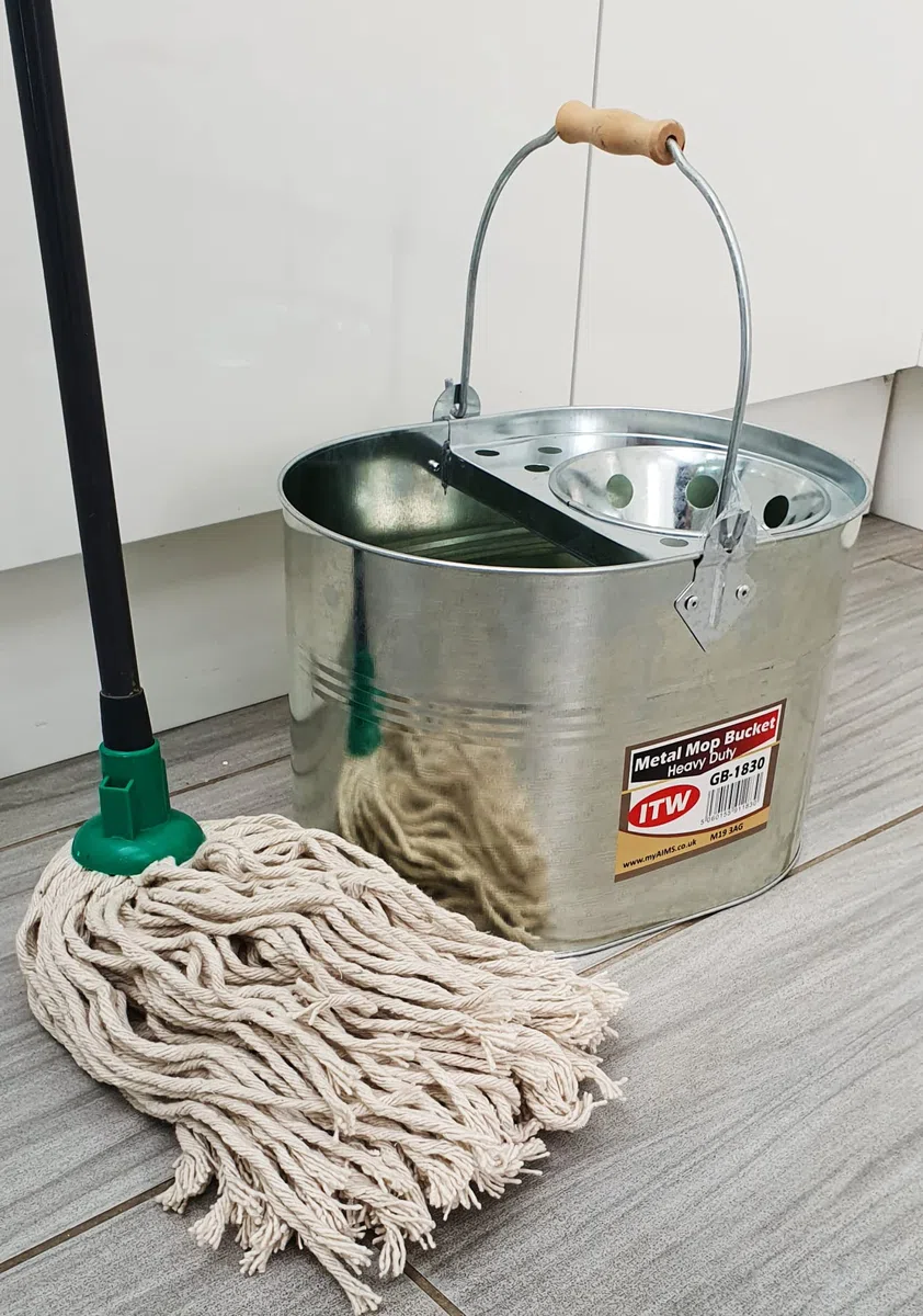 Cubo de fregona de metal de acero galvanizado de 13 litros, grande, galvanizado, reforzado, resistente, de acero grueso, para limpieza general en casa, oficina