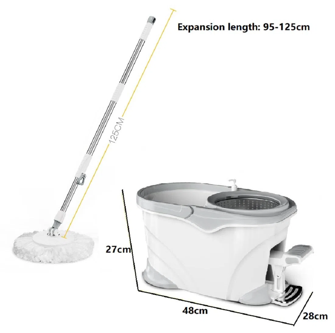 Cubo Fregona Autoescurrible con Pedal Y Fregona Giratoria 360º con 2 Cabezal De Microfibra - Mango Telescópico para Limpieza del Hogar - Cubo Y Fregona Escurrefacil,Blanca