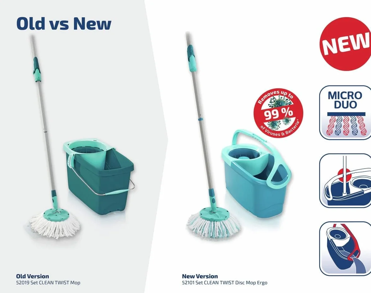 Leifheit Set de fregona rotatoria Clean Twist Disc Mop Ergo 2.0, fregona giratoria con cabezal Micro Duo, set de limpieza en húmedo