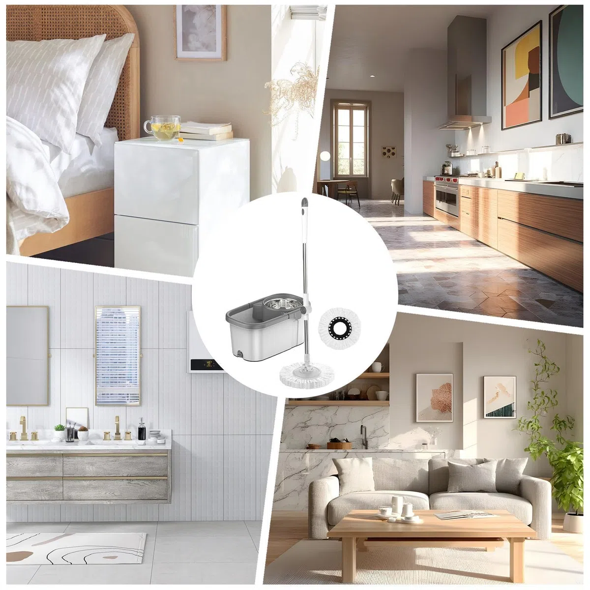 Set de Limpieza con Mopa y Cubo Mango Ajustable para Suelos | Kit De Fregona Giratoria Con Cubo Y Escurridor Para Suelos de Hogar, incluyendo Azulejos, Mármol, Cocina, Baño y Sala de