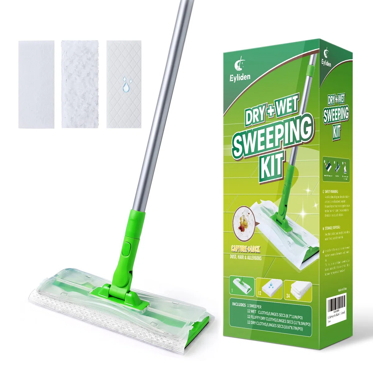 Eyliden Kit de iniciación de fregona con 36 recambios (12 toallitas húmedas + 24 paños Secos), fregonas Desechables 3 en 1 para Limpiar Suelos, mopas de Suelo seco y húmedo para Azulejos de Madera
