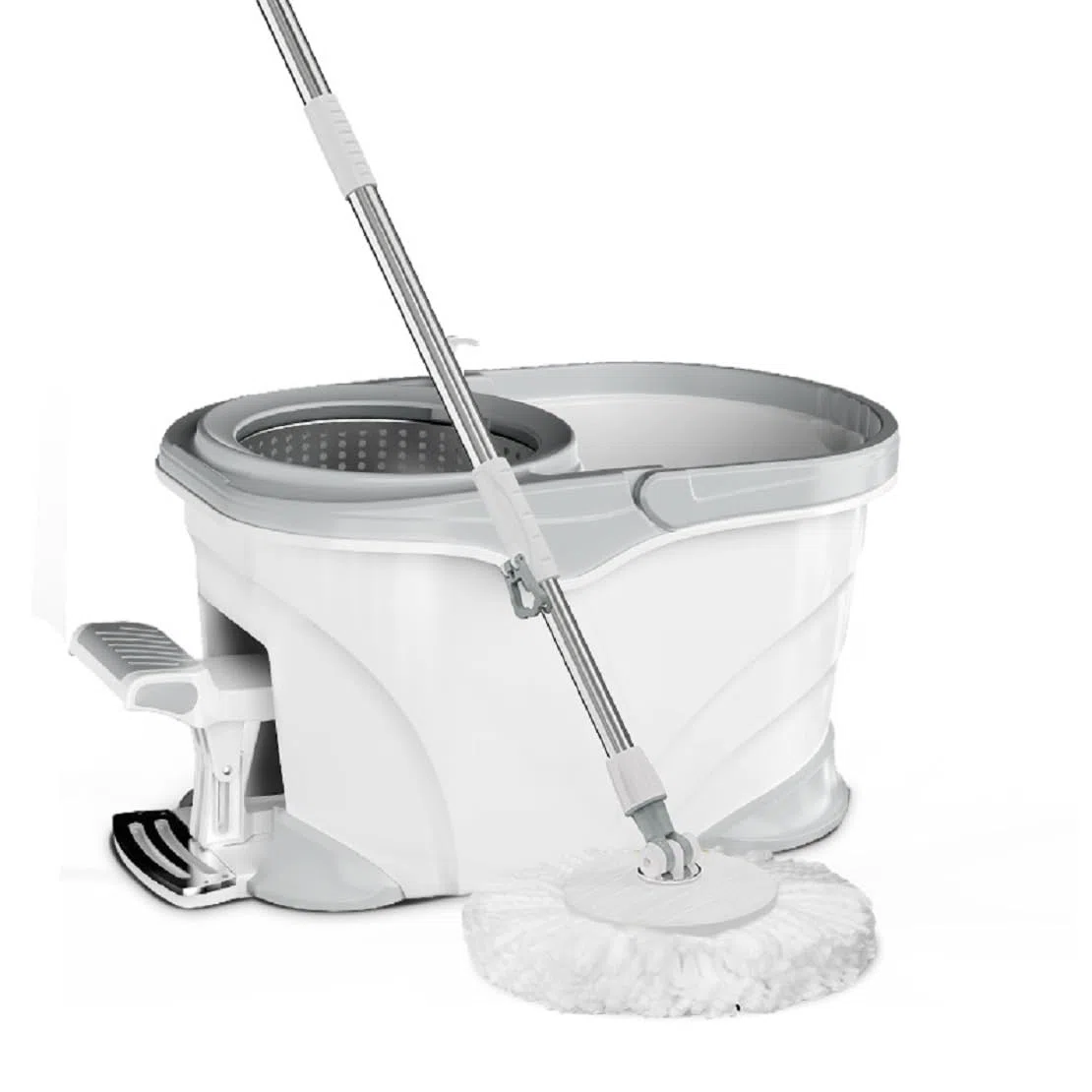 Cubo Fregona Autoescurrible con Pedal Y Fregona Giratoria 360º con 2 Cabezal De Microfibra - Mango Telescópico para Limpieza del Hogar - Cubo Y Fregona Escurrefacil,Blanca