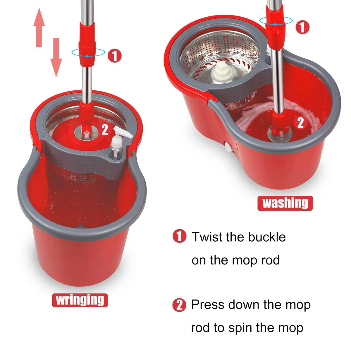 Juego de fregona y cubo con escurridor, fregona giratoria de microfibra y cubo 2 recambios adicionales, sistema de limpieza de pisos, rojo/gris