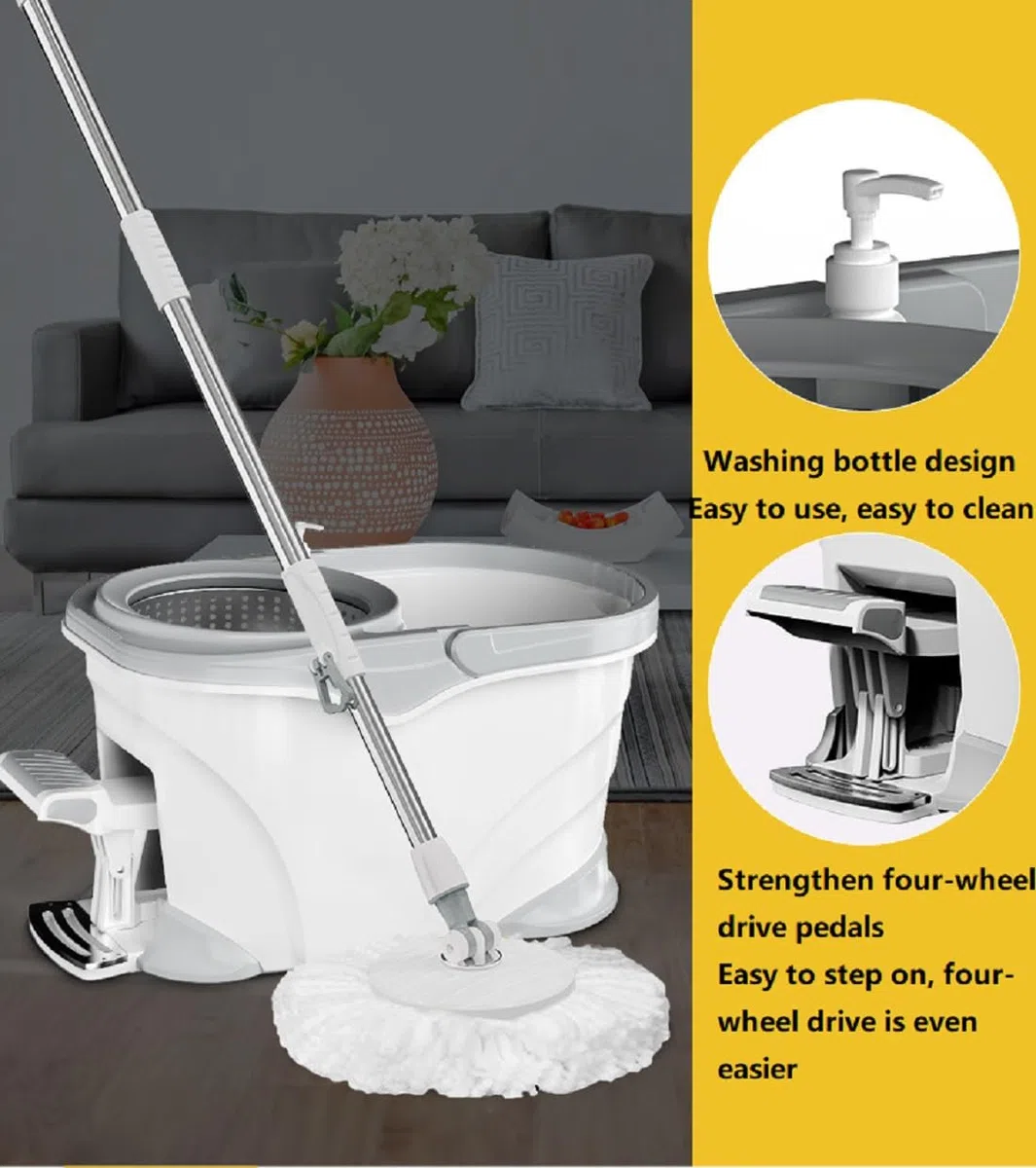 Cubo Fregona Autoescurrible con Pedal Y Fregona Giratoria 360º con 2 Cabezal De Microfibra - Mango Telescópico para Limpieza del Hogar - Cubo Y Fregona Escurrefacil,Blanca