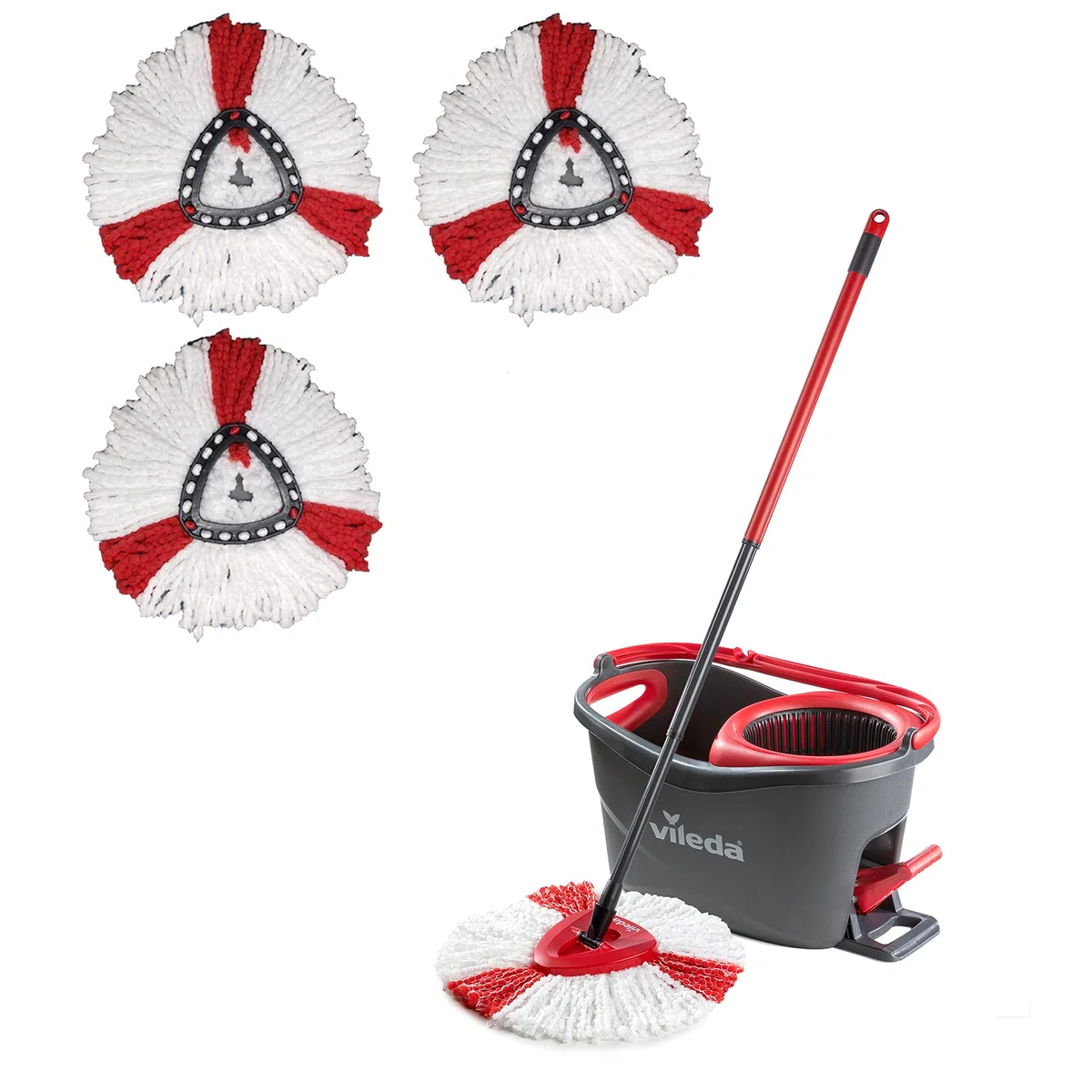 Vileda Turbo - Juego de fregona con palo telescópico, cubo escurridor giratorio y recambio de microfibras, incluye 3 recambios adicionales, color negro y rojo, 48.6 x 29.6 x 29.3 cm