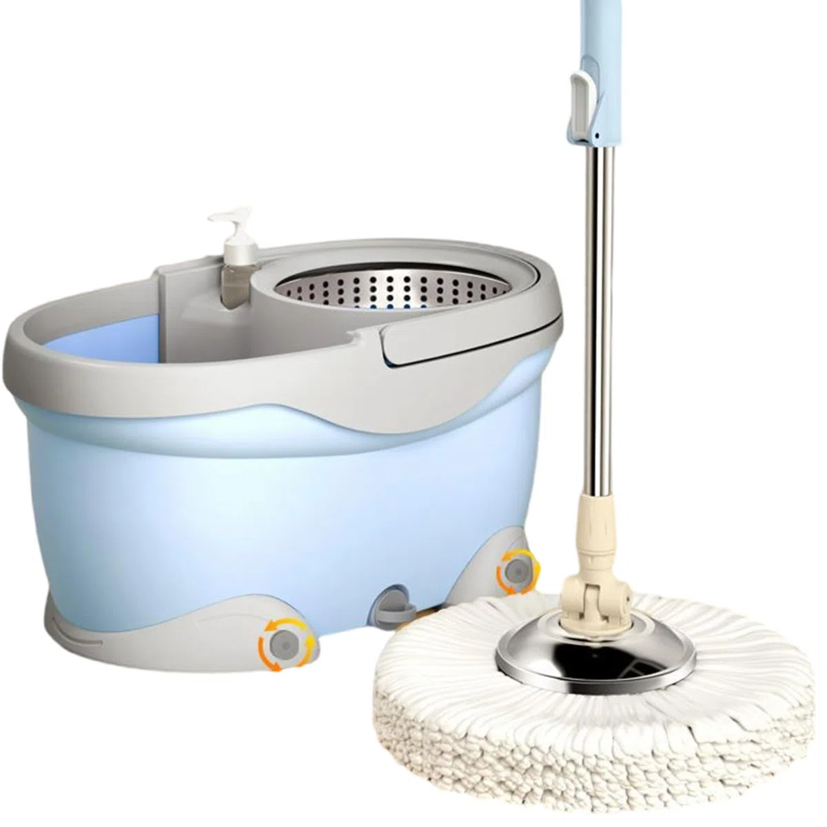 Juego de fregona giratoria y Cubo con escurridor, 5 recambios de Cabezal de fregona de Microfibra y 1 Cepillo de Limpieza para Limpiador de Todas Las Superficies,Azul
