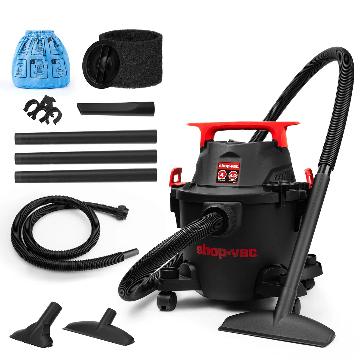 Shop-Vac 5430112 Aspiradora húmeda/seca, 4 galones, 4 picos de HP, 1-1/4 pulgadas de diámetro x manguera de 6 pies, cable de 10 pies, ideal para lugar de trabajo, garaje, taller y hogar