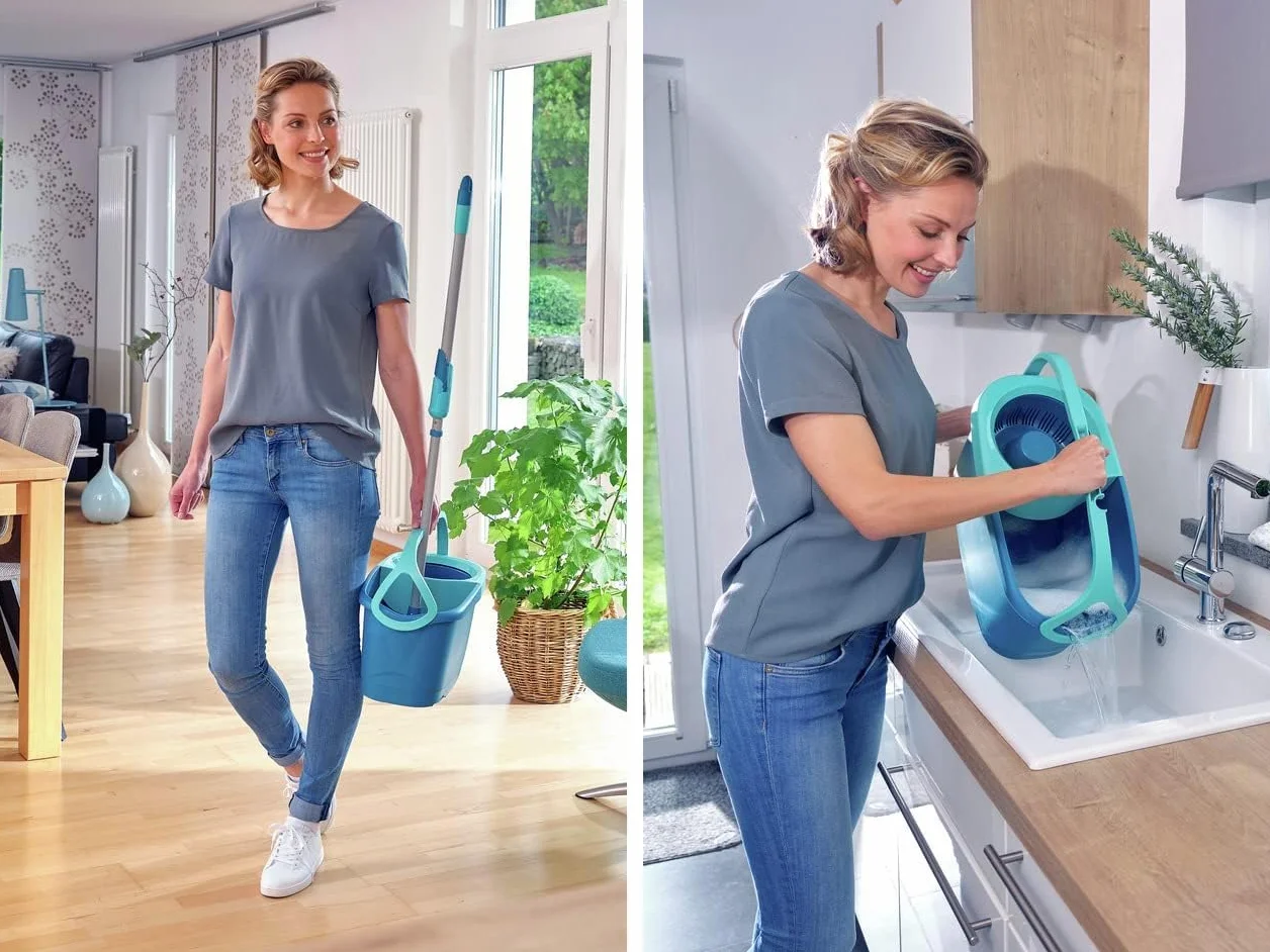 Leifheit Set de fregona rotatoria Clean Twist Disc Mop Ergo 2.0, fregona giratoria con cabezal Micro Duo, set de limpieza en húmedo