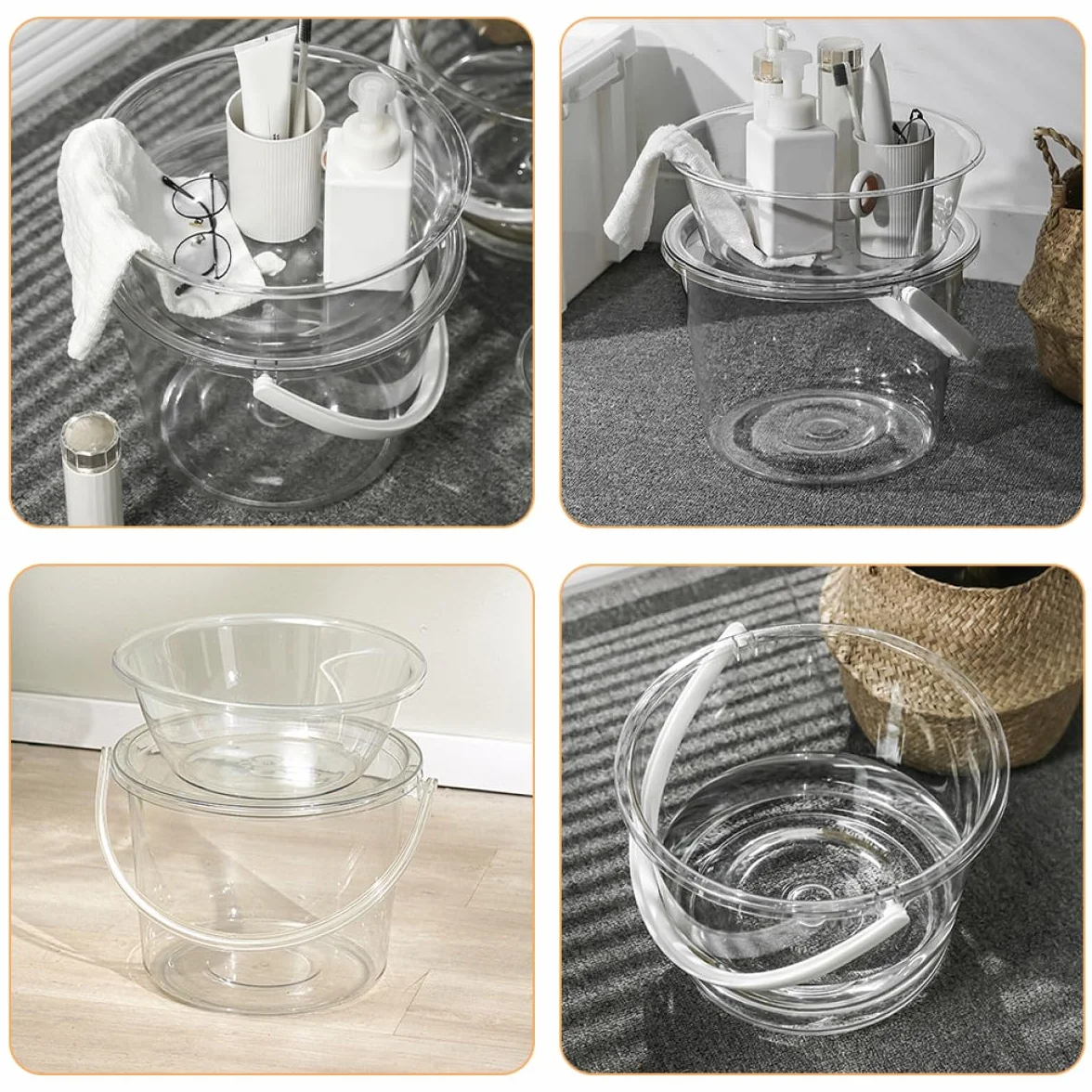 VALICLUD Juego de 2 Cubos de Plástico Transparentes Tapa, Cubo de Fregona Pequeño Asa, Lavabo Pequeño para Baño y Limpieza Doméstica, Cuenco para Lavarse la Cara y Lavar Pies,
