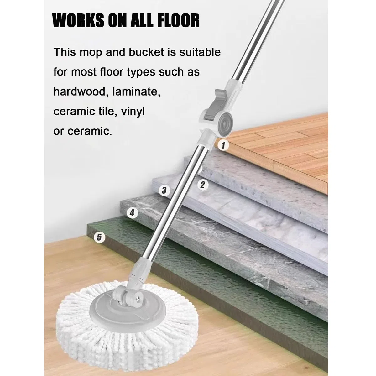 Este Juego de fregona giratoria y Cubo para el hogar - Sistema de Limpieza de Suelos con autoescurrido - 5 recambios adicionales de Cabezales de fregona de Microfibra Lavables para la limpie