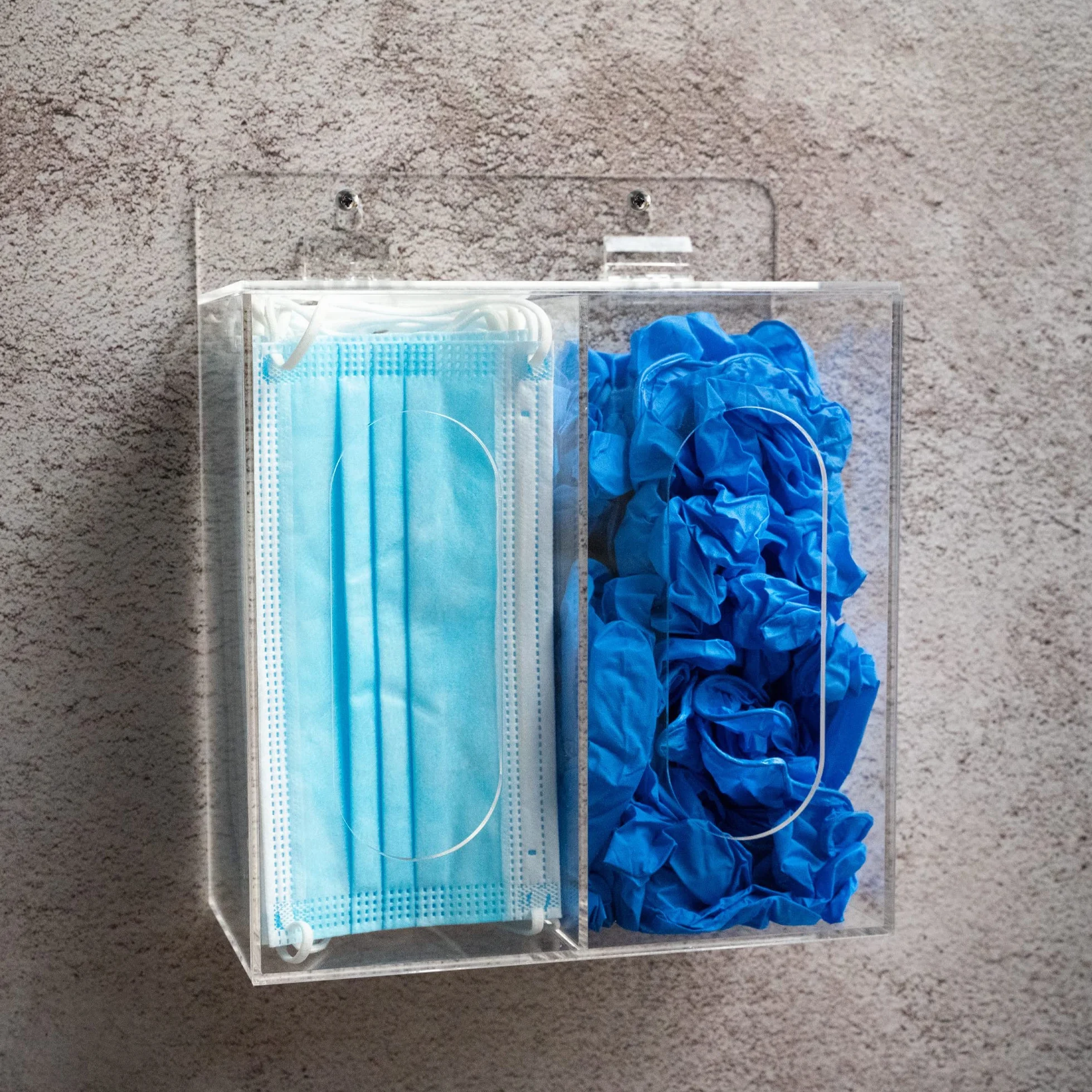SEANADO Dispensador acrílico de PPE – Soporte para guantes y máscaras faciales montado en la pared o mesa con tapa – Caja dispensadora de plástico transparente para guantes desechables, redecillas