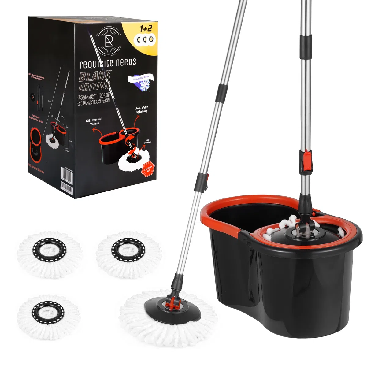 Requisite Needs Smart Spin - Juego de fregona y cubo – Edición negra – Material resistente y resistente antisalpicaduras – Sistema fácil de fregar el suelo – 1 cubo + 3 cabezales de fregona de