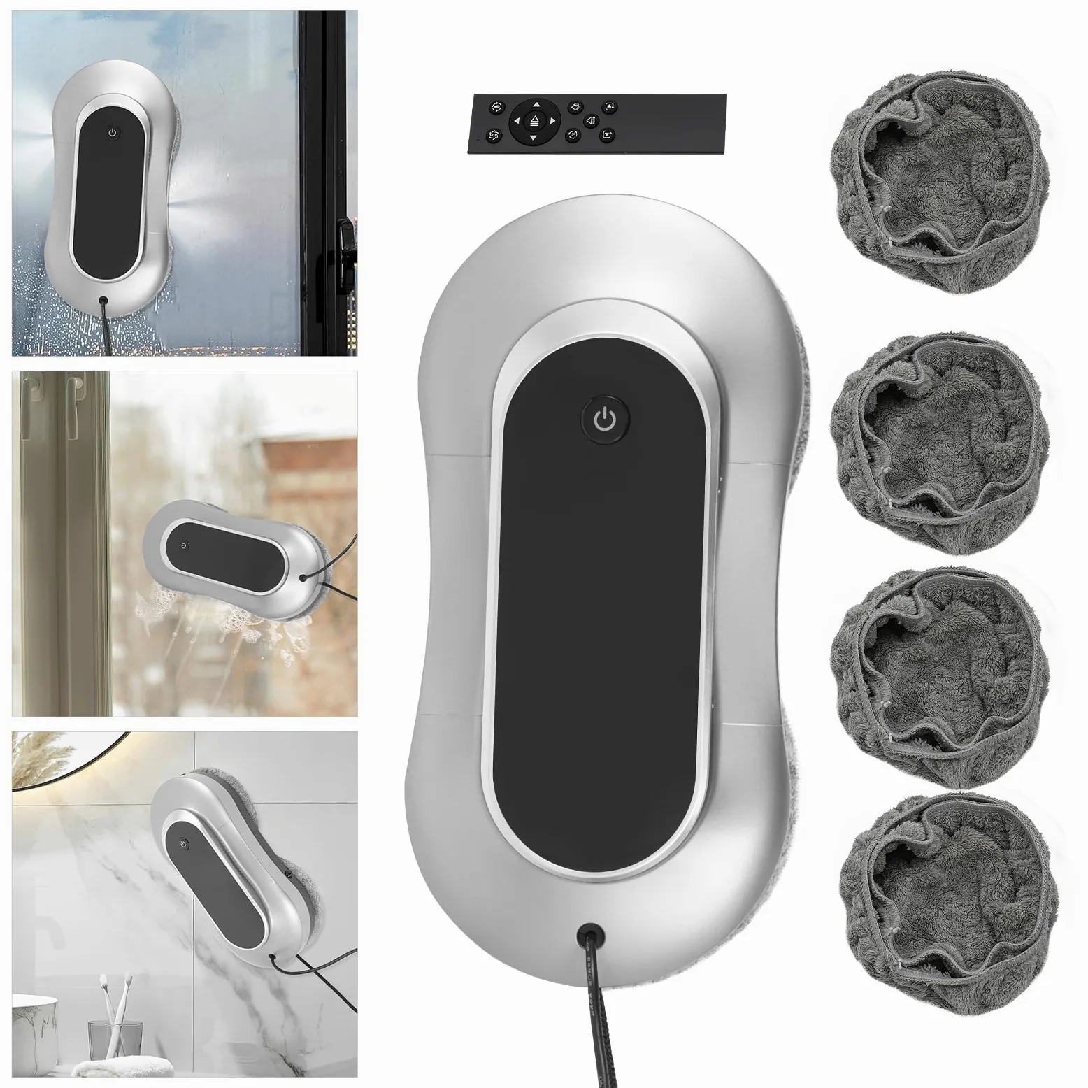 Robot limpiador de ventanas con doble pulverización y 3200 Pa para vidrio | Con energía de emergencia UPS - seguro sobre espejos de vidrio y azulejos (gris plata)