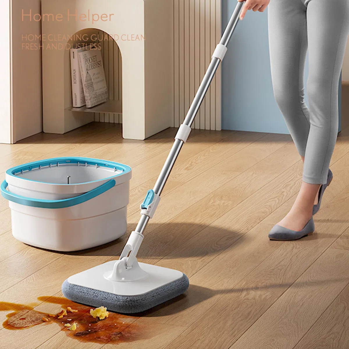 Fregona Y Cubo Utensilios De Limpieza del Hogar para Suelos | Fregona y Cubo con Lavado Sin Manos Para Suelos de Madera, Dormitorio, Baño, Estudio,
