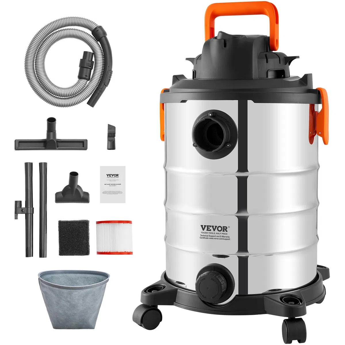 VEVOR Aspiradora de Taller Seco y Húmedo 30L 6HP Acero Inoxidable 340x340x565mm Negro y Plata
