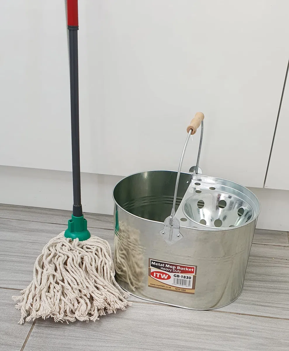Cubo de fregona de metal de acero galvanizado de 13 litros, grande, galvanizado, reforzado, resistente, de acero grueso, para limpieza general en casa, oficina
