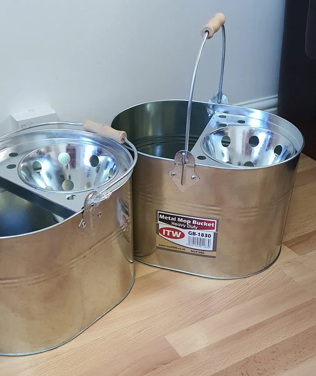 Cubo de fregona de metal de acero galvanizado de 13 litros, grande, galvanizado, reforzado, resistente, de acero grueso, para limpieza general en casa, oficina