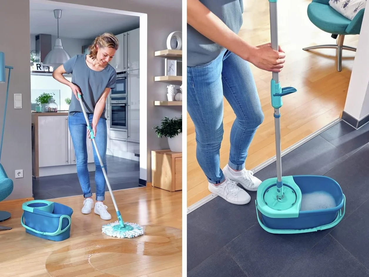 Leifheit Set de fregona rotatoria Clean Twist Disc Mop Ergo 2.0, fregona giratoria con cabezal Micro Duo, set de limpieza en húmedo