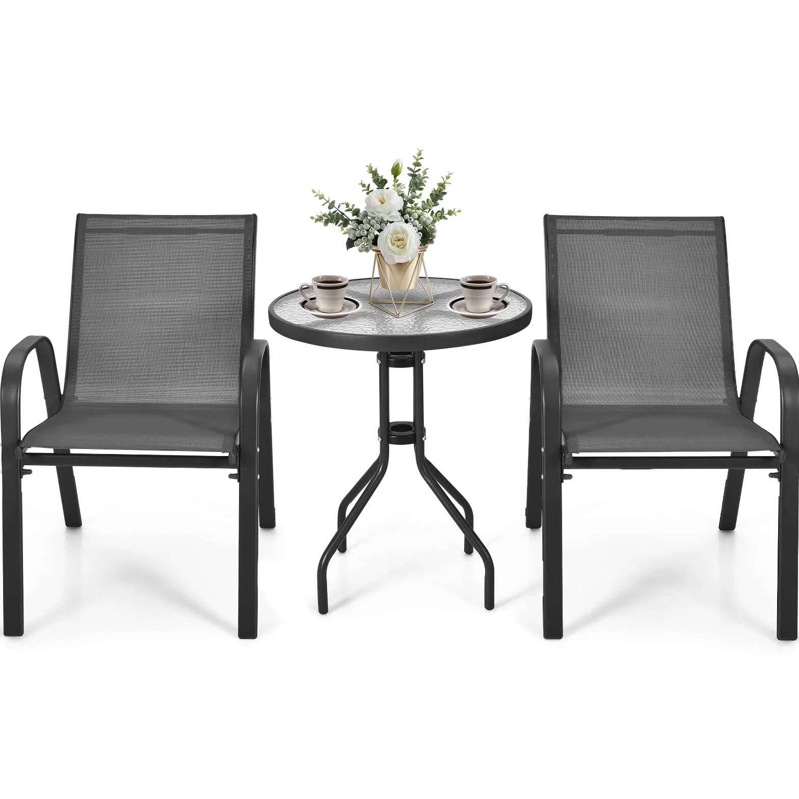 GIANTEX Conjunto de Muebles de Jardín 3 Piezas, Sillas Apilables, Marco de Metal, Mesa de Café con Tablero de Vidrio, Negro