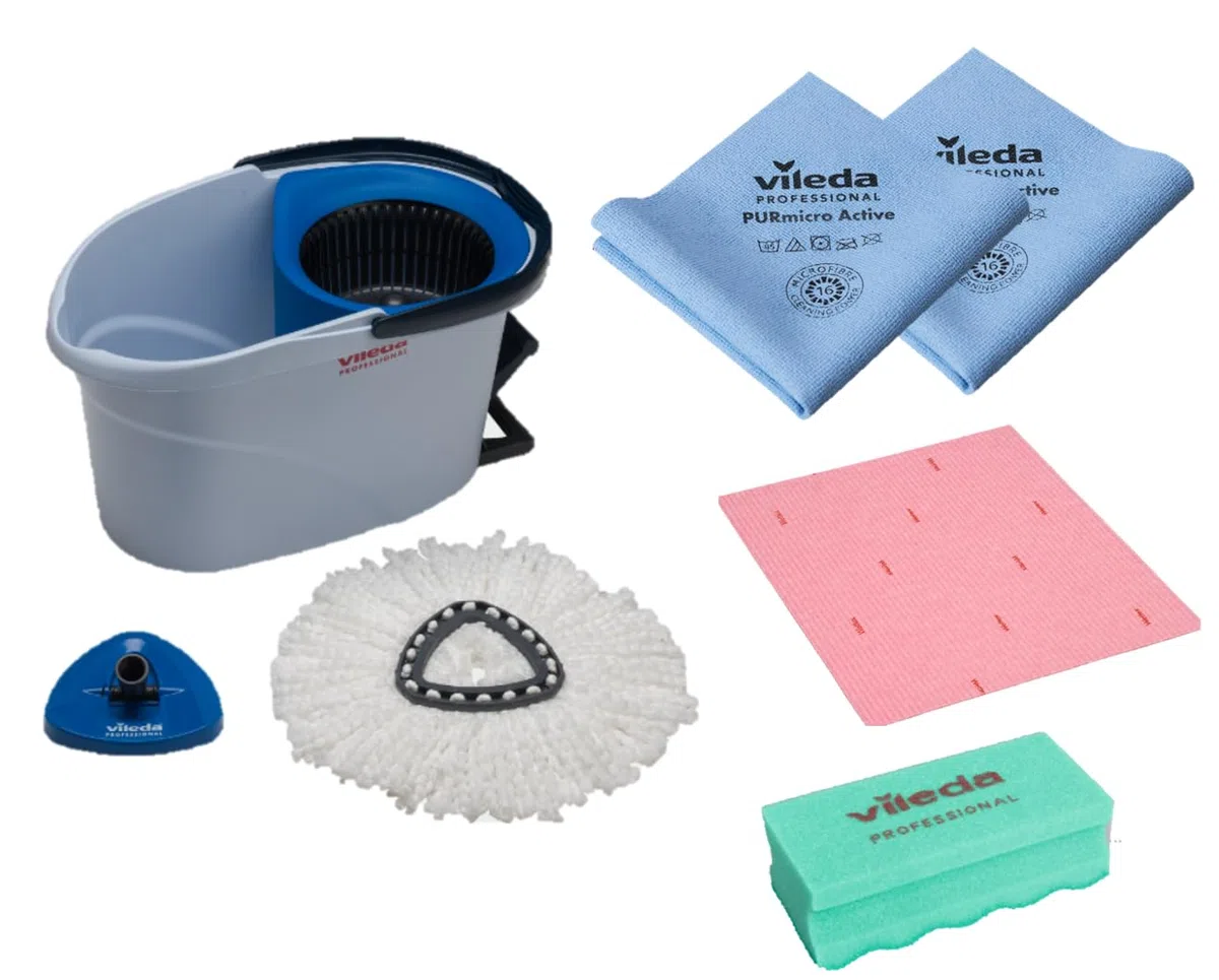 Vileda Professional UltraSpin Mini Welcome - Juego de mopa giratoria con Cubo escurridor de Pedal, fregona de Microfibra, Esponja y paños PURmicro Blue, Limpieza para hoteles, Bares y restaurantes