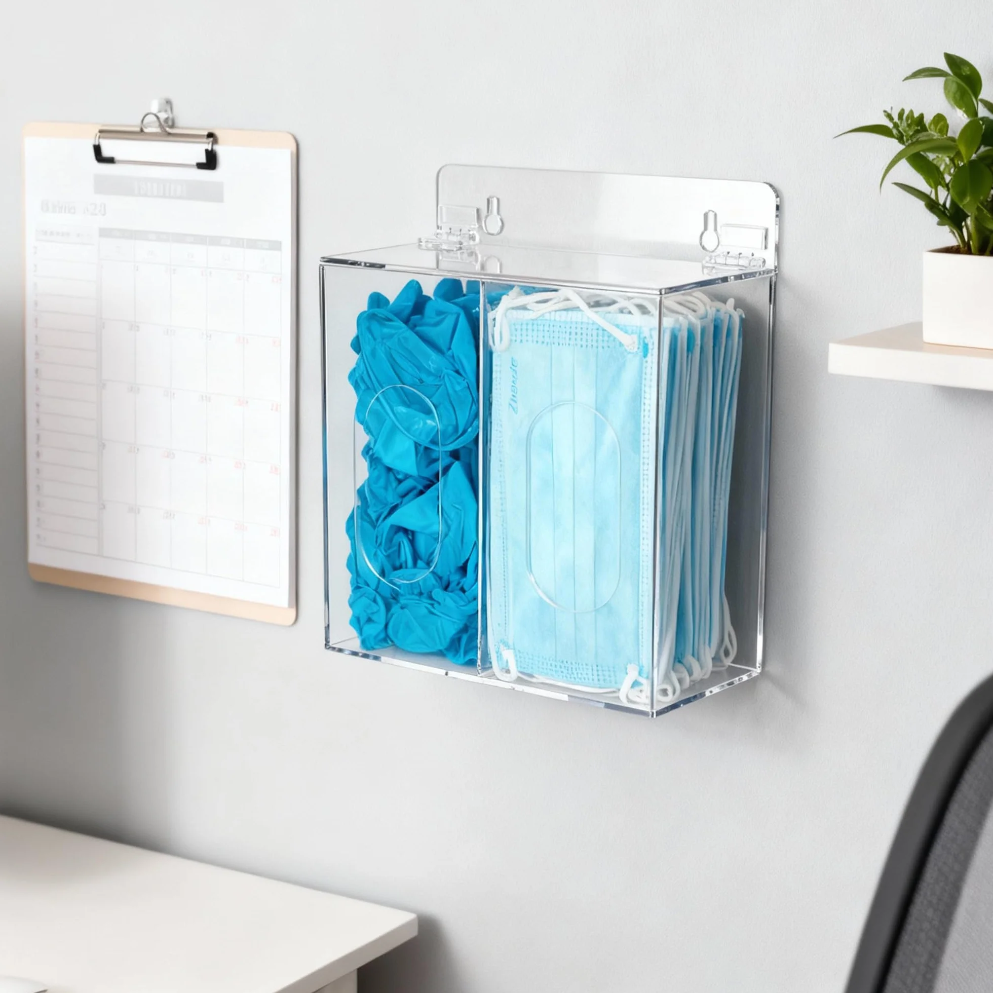 SEANADO Dispensador acrílico de PPE – Soporte para guantes y máscaras faciales montado en la pared o mesa con tapa – Caja dispensadora de plástico transparente para guantes desechables, redecillas