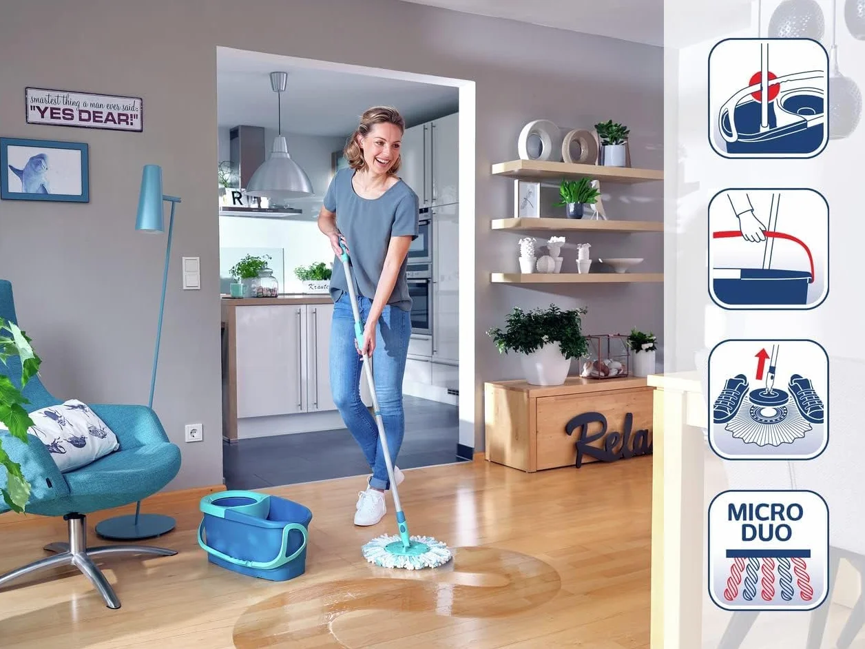 Leifheit Set de fregona rotatoria Clean Twist Disc Mop Ergo 2.0, fregona giratoria con cabezal Micro Duo, set de limpieza en húmedo
