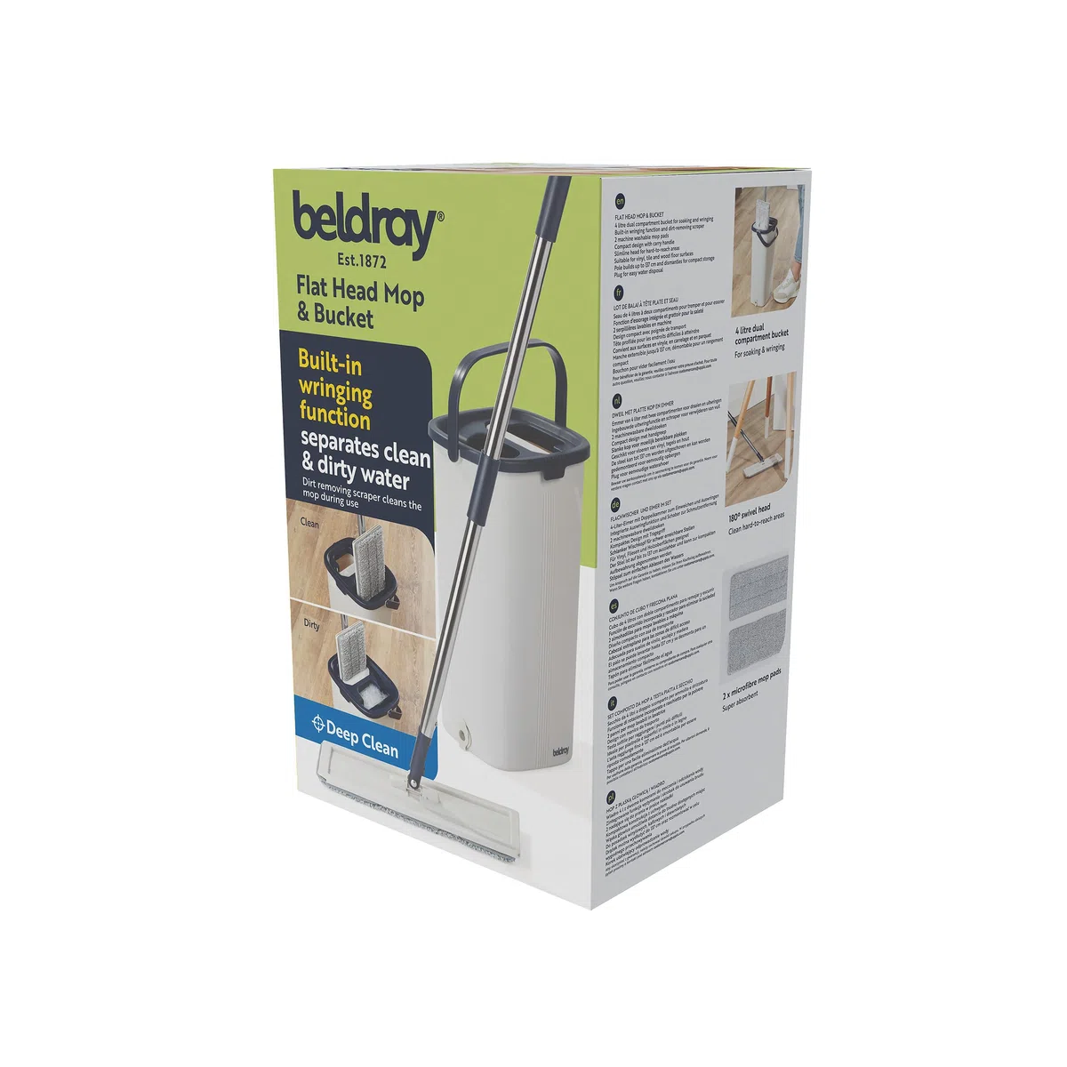 Beldray Juego de fregona Plana y Cubo de Limpieza Profunda: Cubo de fregona de 4 litros con 2 Compartimentos para remojar/escurrir y Quitar la Suciedad, 2 Cabezales de Microfibra Lavables a máquina