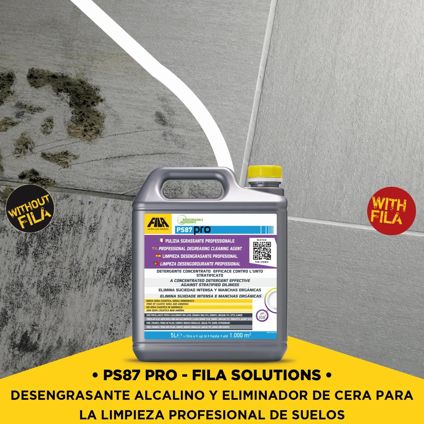 PS87 PRO, Detergente, Desengrasante y Decapante para Limpieza Profesional de pavimentos, Quitamanchas para Gres, Cemento, Piedra y aglomerados no pulidos y Elimina ceras de base de agua, 1L