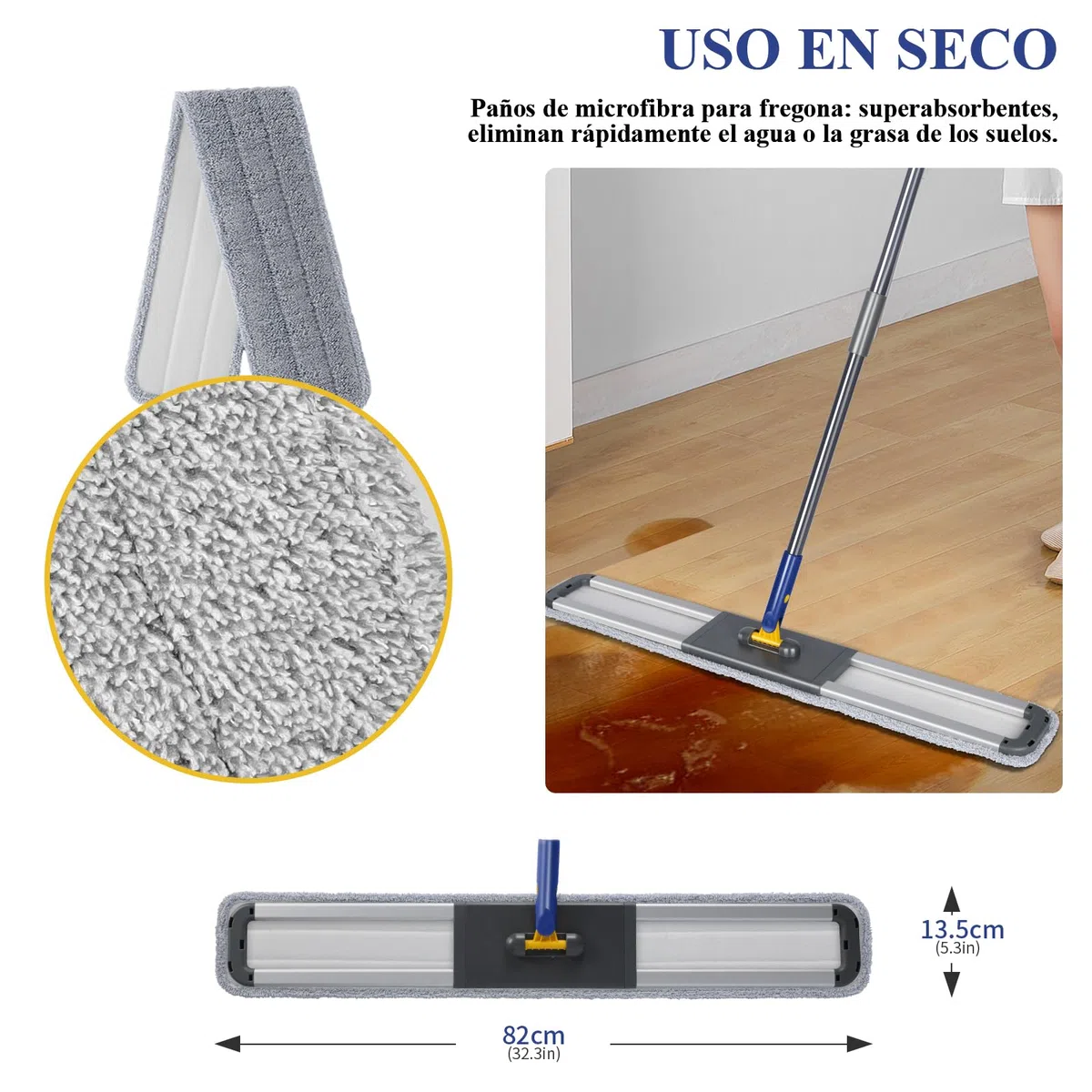 Masthome Juego de Mopa Profesional de 90 CM de Ancho, Fregona Profesional con Mango Alargado, Fregona Plana Industrial Ligera con Cabezal y 3 Almohadillas para Mopa, para Hotel, Centro Comercial