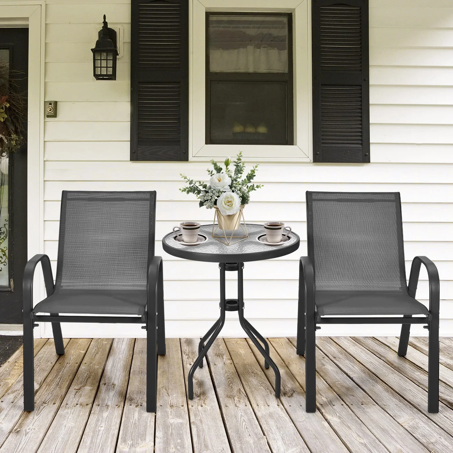 GIANTEX Conjunto de Muebles de Jardín 3 Piezas, Sillas Apilables, Marco de Metal, Mesa de Café con Tablero de Vidrio, Negro