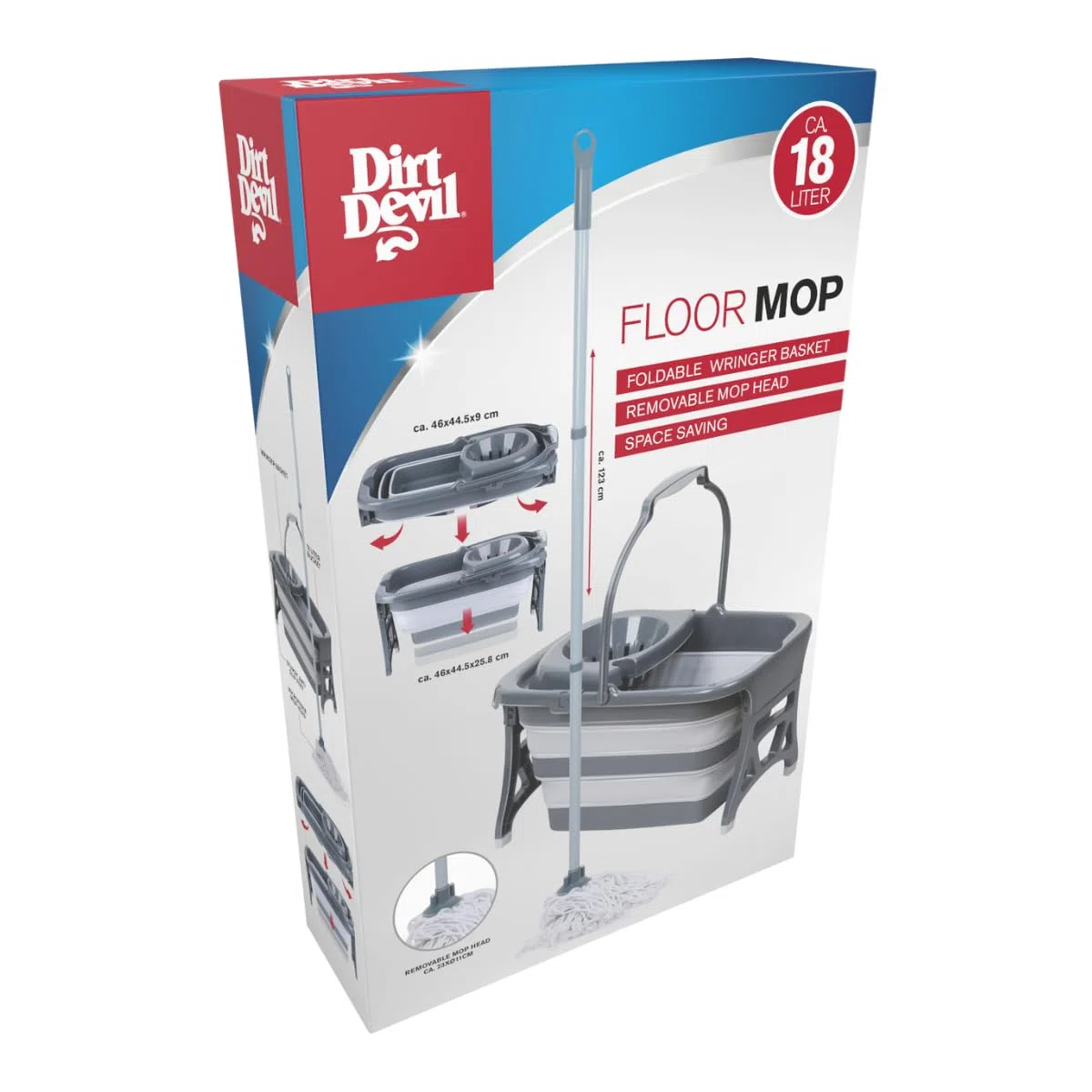 Dirt Devil Juego de fregona con cubo y escurridor - Sistema de fregona con cubo plegable de 18L - Barra de fregona con cabeza de trapeador extraíble - Juego completo de fregona para todo tipo de suelo