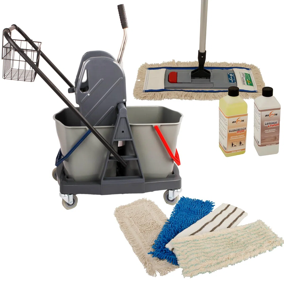 Carro de Limpieza Profesional 2X 25L, Prensa y Mopa Completa | Kit con cubos de segregación, soporte magnético, mango ergonómico y limpiadores de 1L para parqué, PVC y baldosas