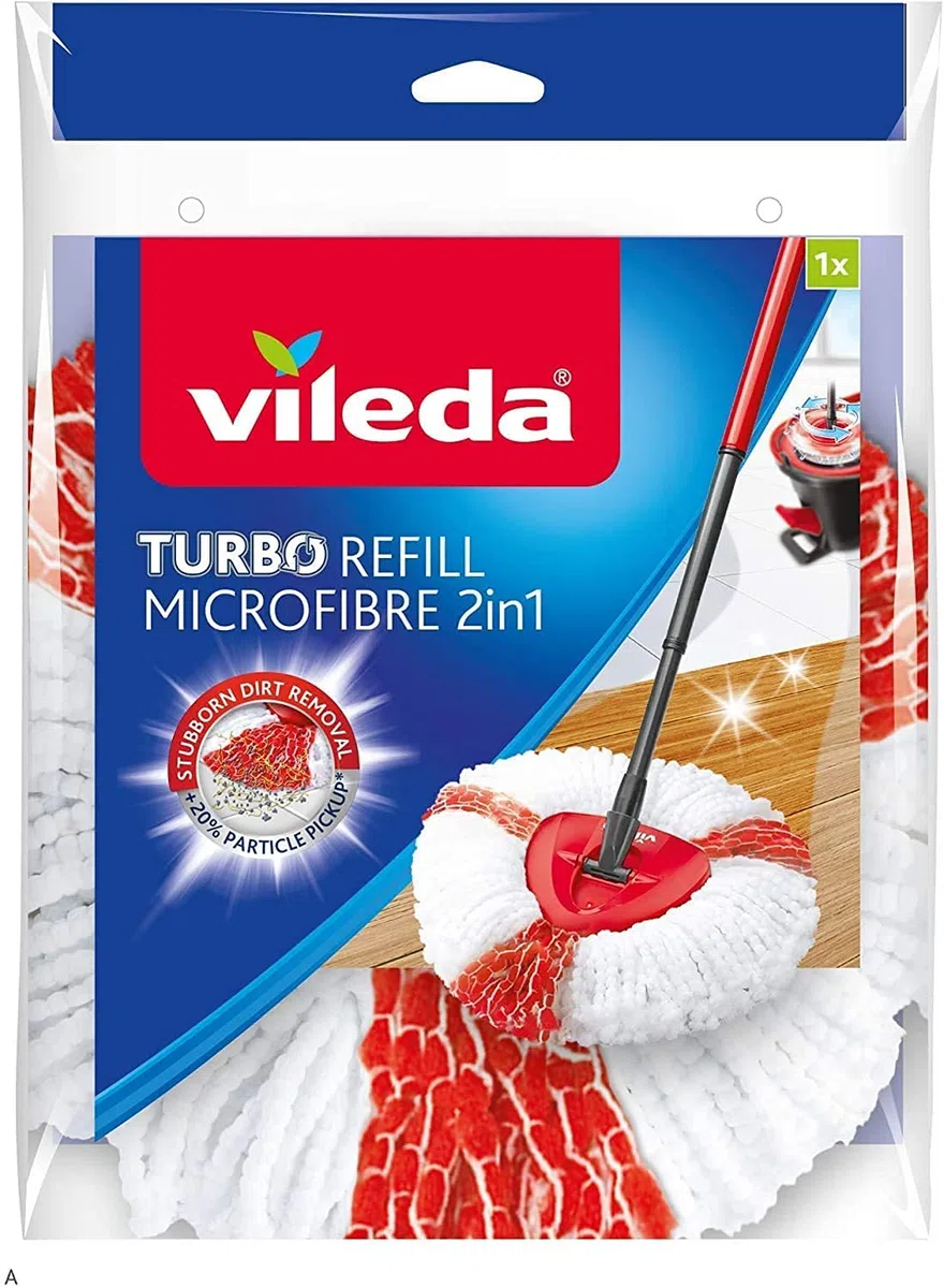 Vileda Turbo - Juego de fregona con palo telescópico, cubo escurridor giratorio y recambio de microfibras, incluye 3 recambios adicionales, color negro y rojo, 48.6 x 29.6 x 29.3 cm