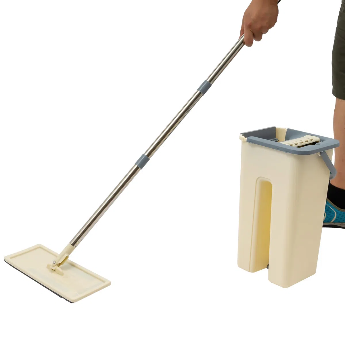 Juego de fregona 2 en 1 con cubo y 10 toallitas, mopas húmedas y secas para el hogar, juego de limpiaparabrisas para la limpieza diaria de suelos y paredes, color beige