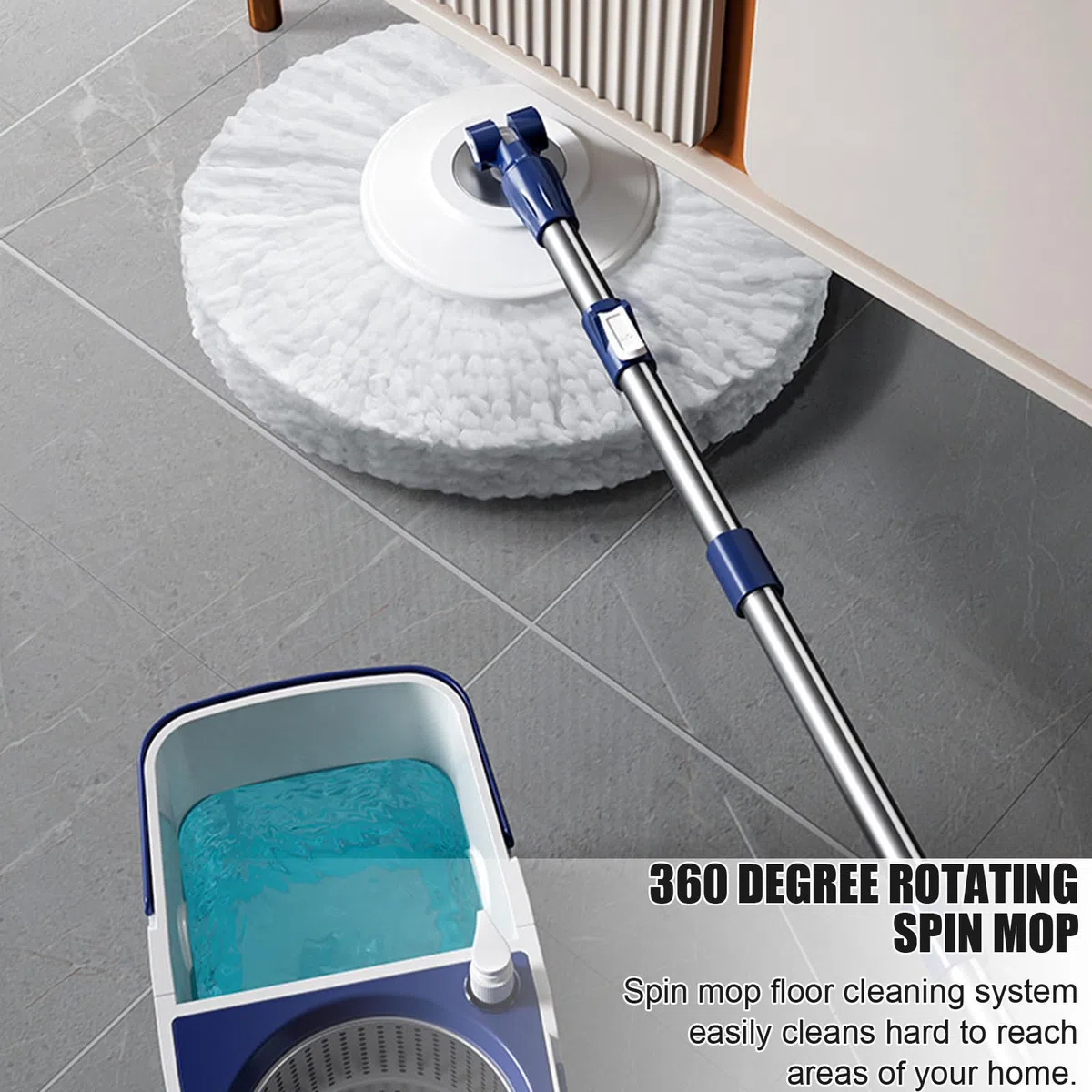 Este Juego de fregona giratoria y Cubo Doble Incluye 6 Cabezales de Microfibra de Repuesto, rotación de 360 Grados, Piezas apilables y un Sistema de Limpieza Sencillo.