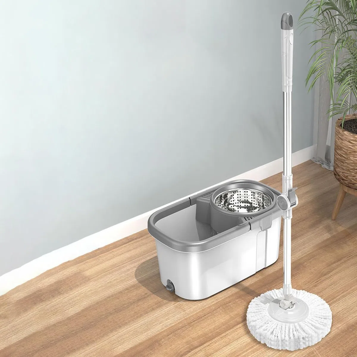 Set de Limpieza con Mopa y Cubo Mango Ajustable para Suelos | Kit De Fregona Giratoria Con Cubo Y Escurridor Para Suelos de Hogar, incluyendo Azulejos, Mármol, Cocina, Baño y Sala de