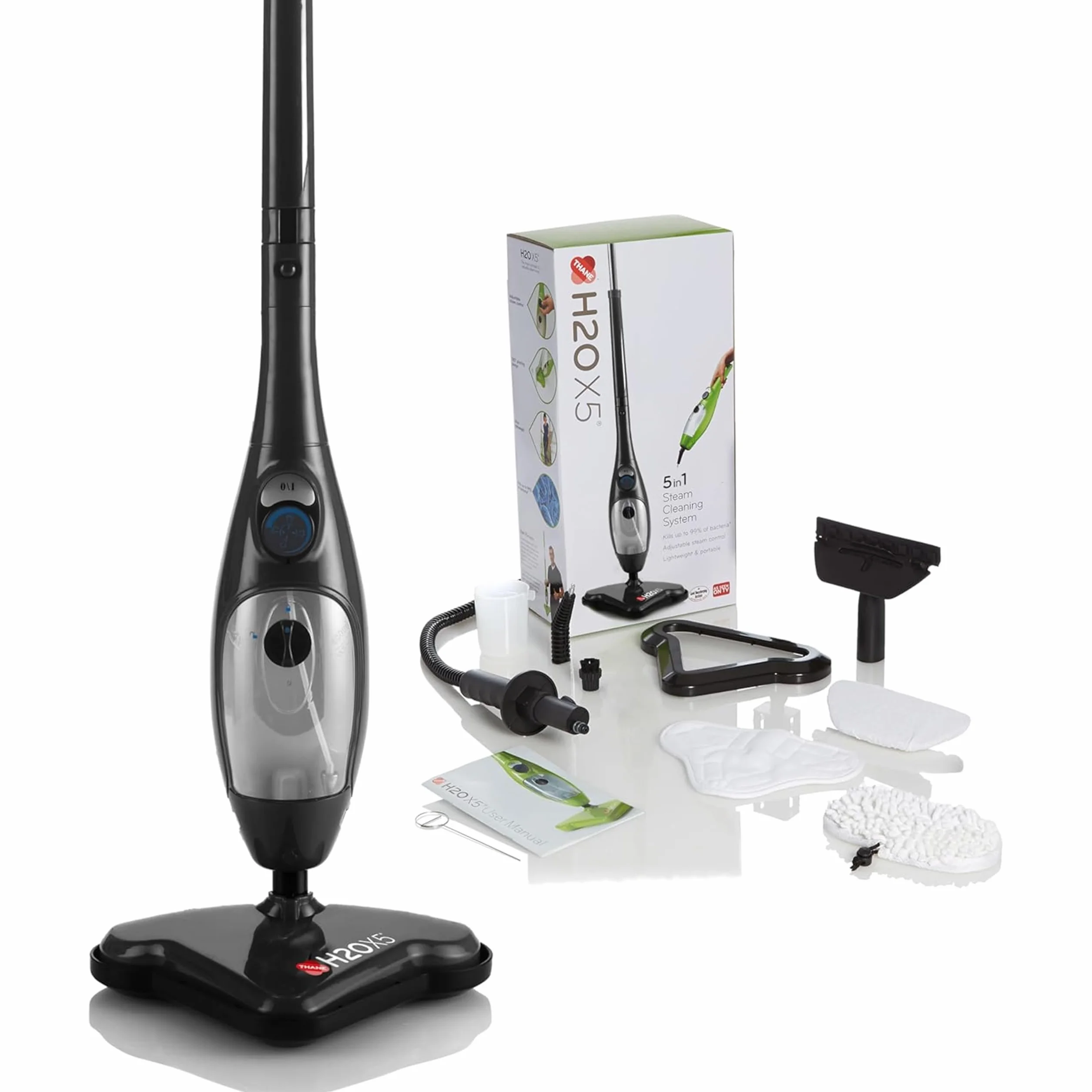 H2O X5+ Mopa a Vapor 5 en 1 & Limpiador de Mano – Limpieza de Suelos, Alfombras, Ventanas y Tapicería – 1500 W, Calentamiento Rápido env. 15 Seg. (Negro)