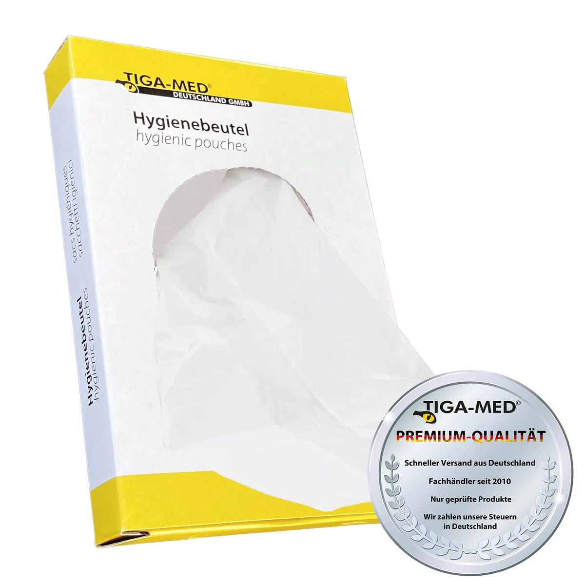 TIGA-MED Bolsas higiénicas para compresas sanitarias y tampones, 300 unidades (10 x 30), polietileno duro de HDPE, 30 bolsas por caja, resistentes a olores y líquidos, eliminación segura y discreta en