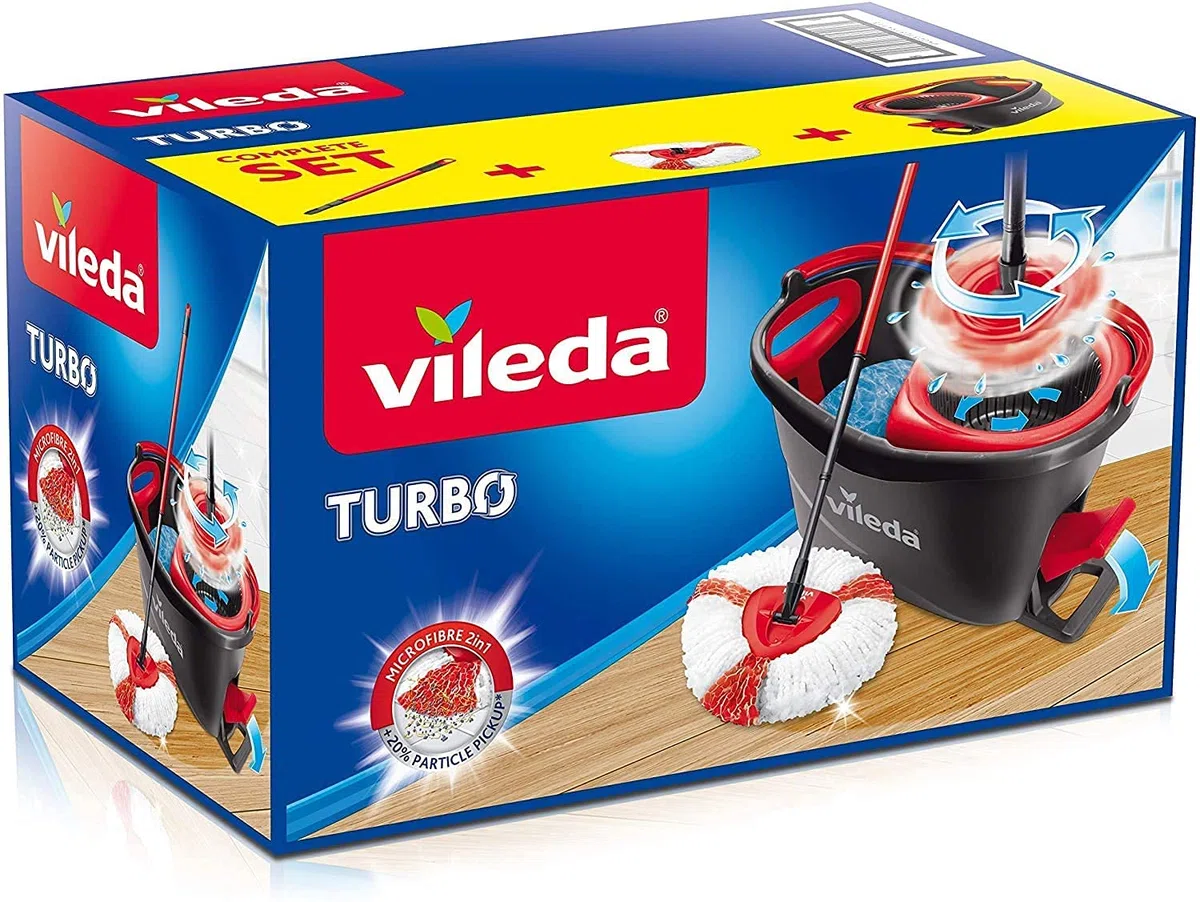 Vileda Turbo - Juego de fregona con palo telescópico, cubo escurridor giratorio y recambio de microfibras, incluye 3 recambios adicionales, color negro y rojo, 48.6 x 29.6 x 29.3 cm