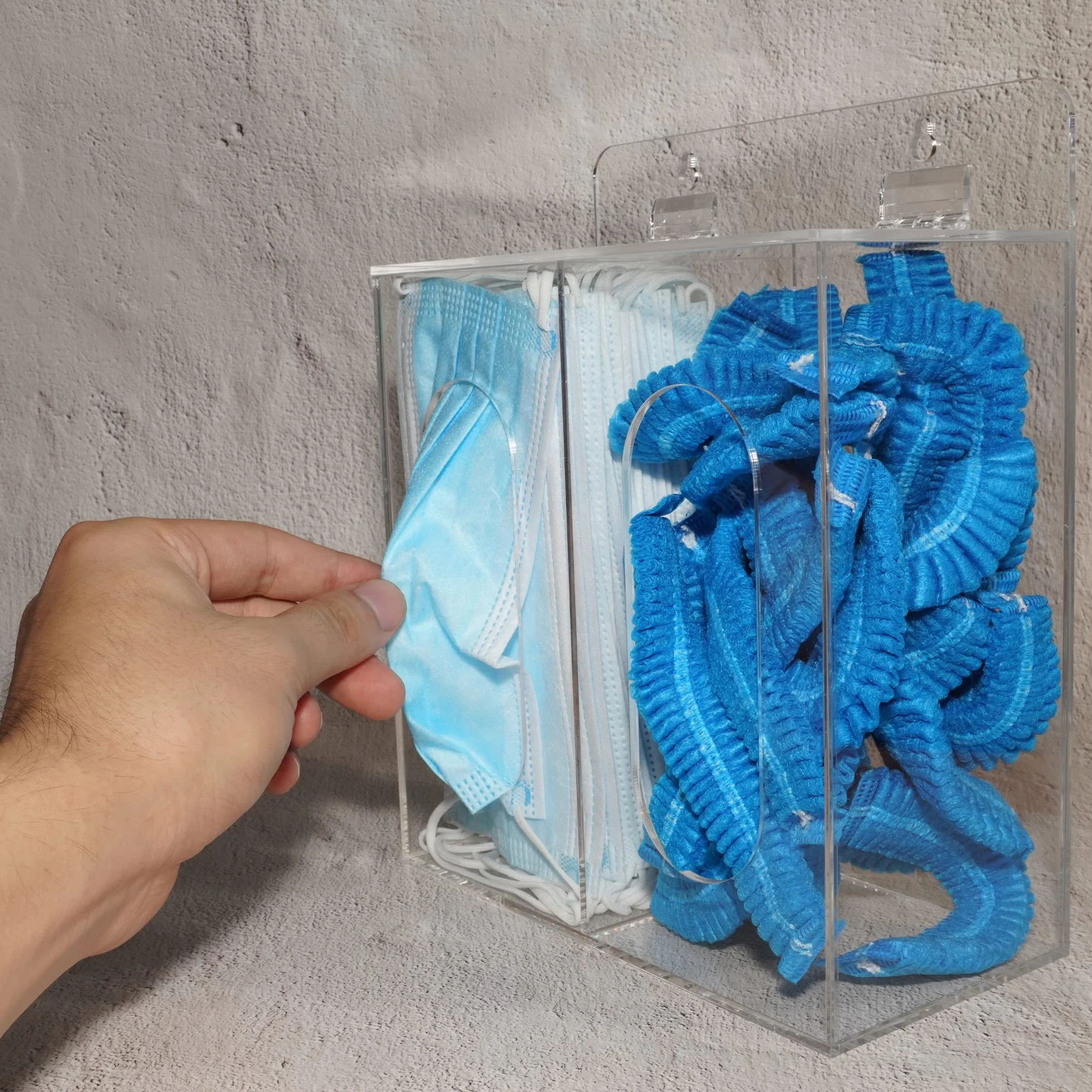 SEANADO Dispensador acrílico de PPE – Soporte para guantes y máscaras faciales montado en la pared o mesa con tapa – Caja dispensadora de plástico transparente para guantes desechables, redecillas