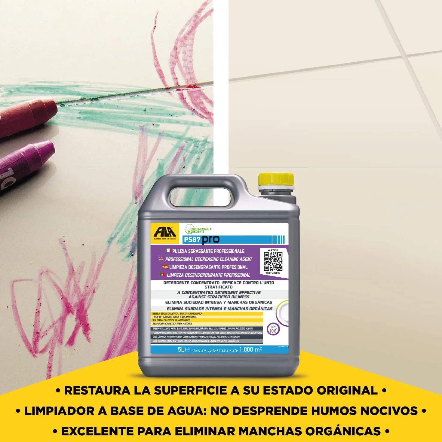 PS87 PRO, Detergente, Desengrasante y Decapante para Limpieza Profesional de pavimentos, Quitamanchas para Gres, Cemento, Piedra y aglomerados no pulidos y Elimina ceras de base de agua, 1L