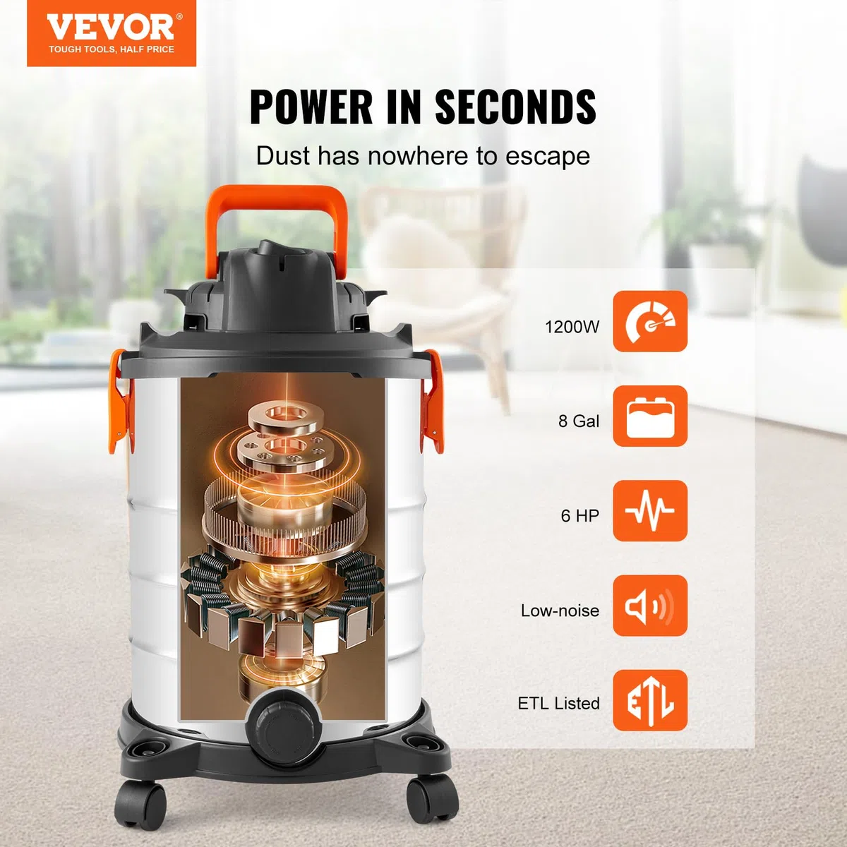 VEVOR Aspiradora de Taller Seco y Húmedo 30L 6HP Acero Inoxidable 340x340x565mm Negro y Plata