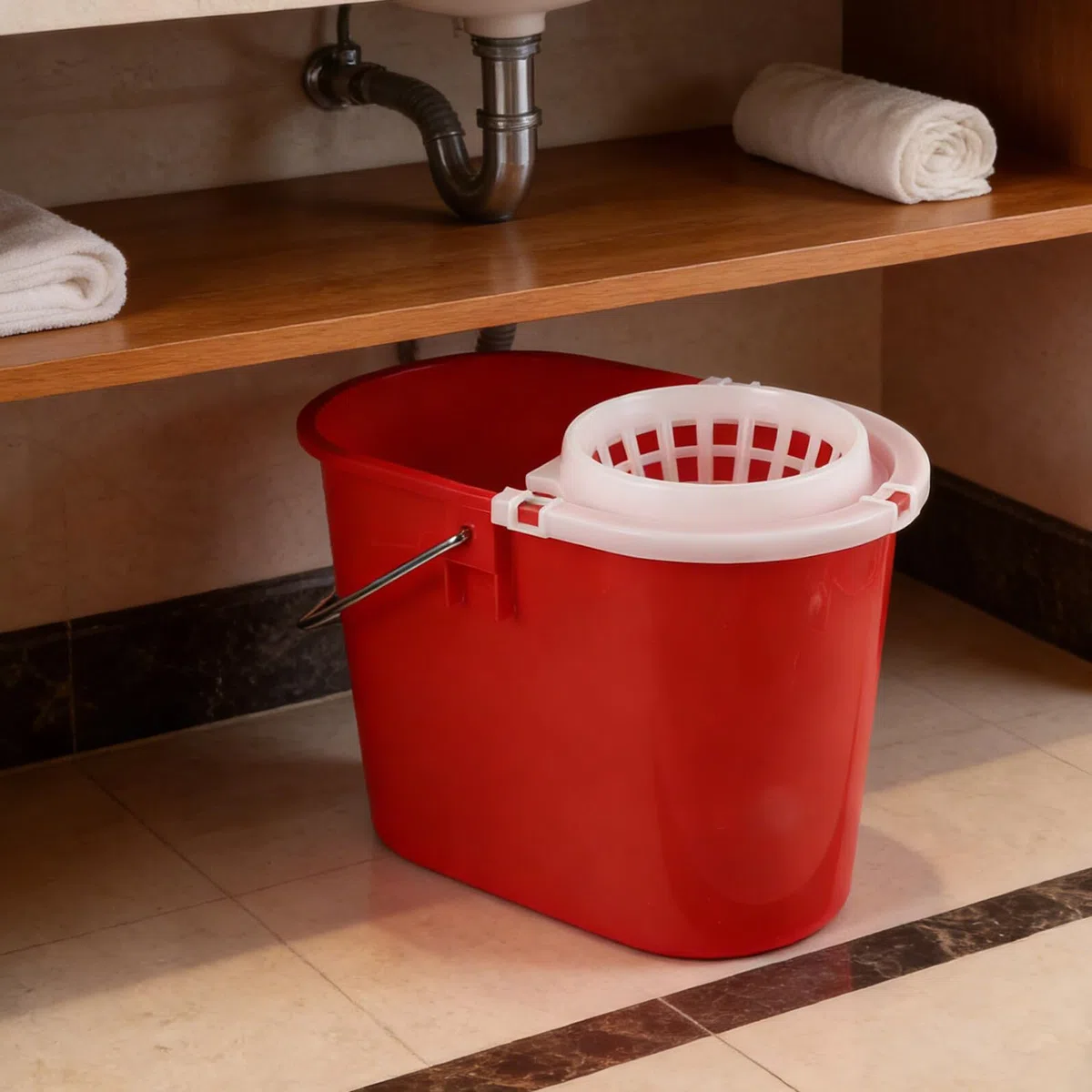 Cubo de Limpieza Comercial Rojo 236 para Fregona Redonda, Cubo de Plástico Reforzado con Asa Antideslizante, Repuesto para Hoteles y Limpieza Doméstica, Balde Compacto para Fregar