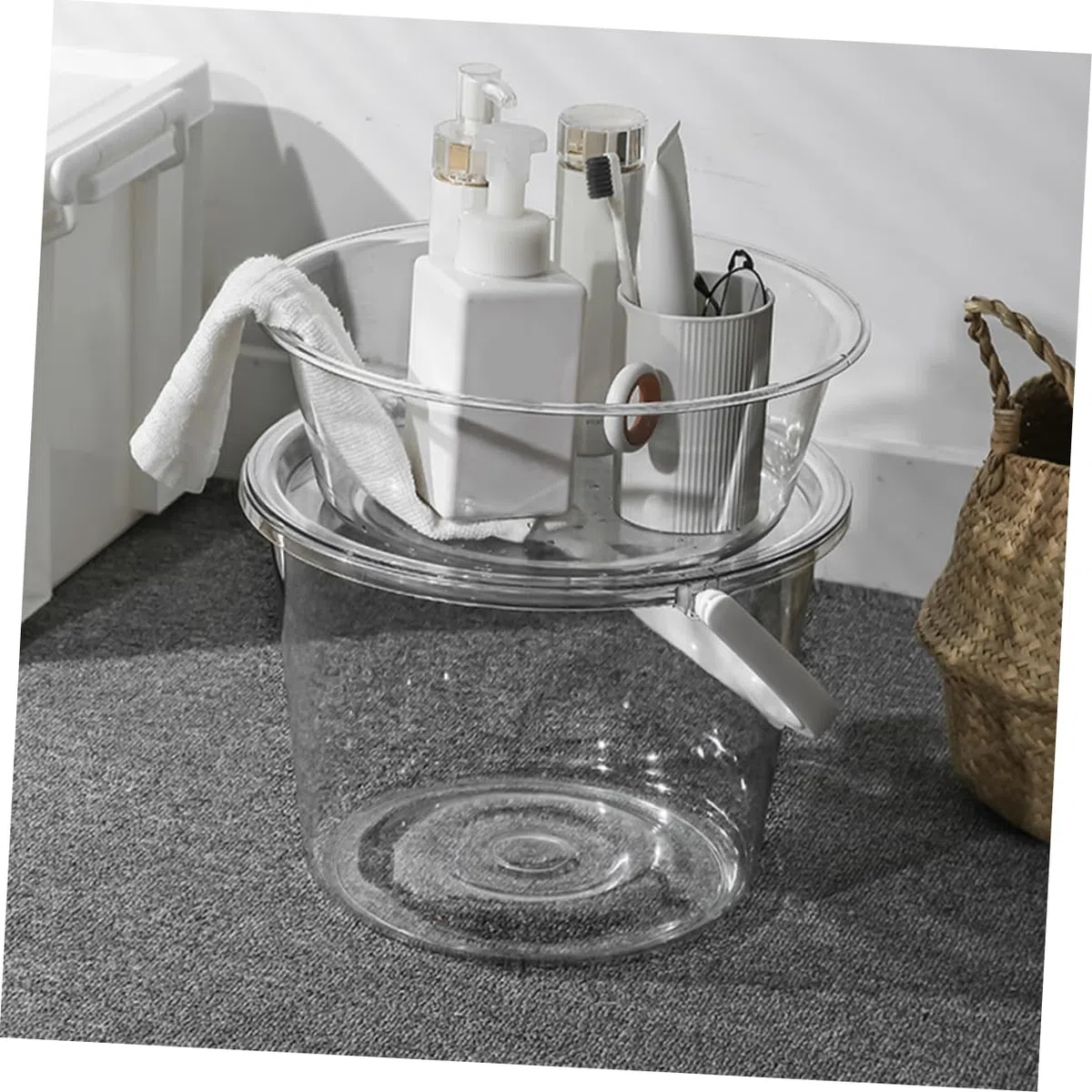 Beaupretty Juego de 2 Cubos Transparentes de Plástico Asas y Tapa, Portátil y Ligero para Lavar Ropa y Uso en Viaje, Cubo Multifuncional para Limpieza y Lavado