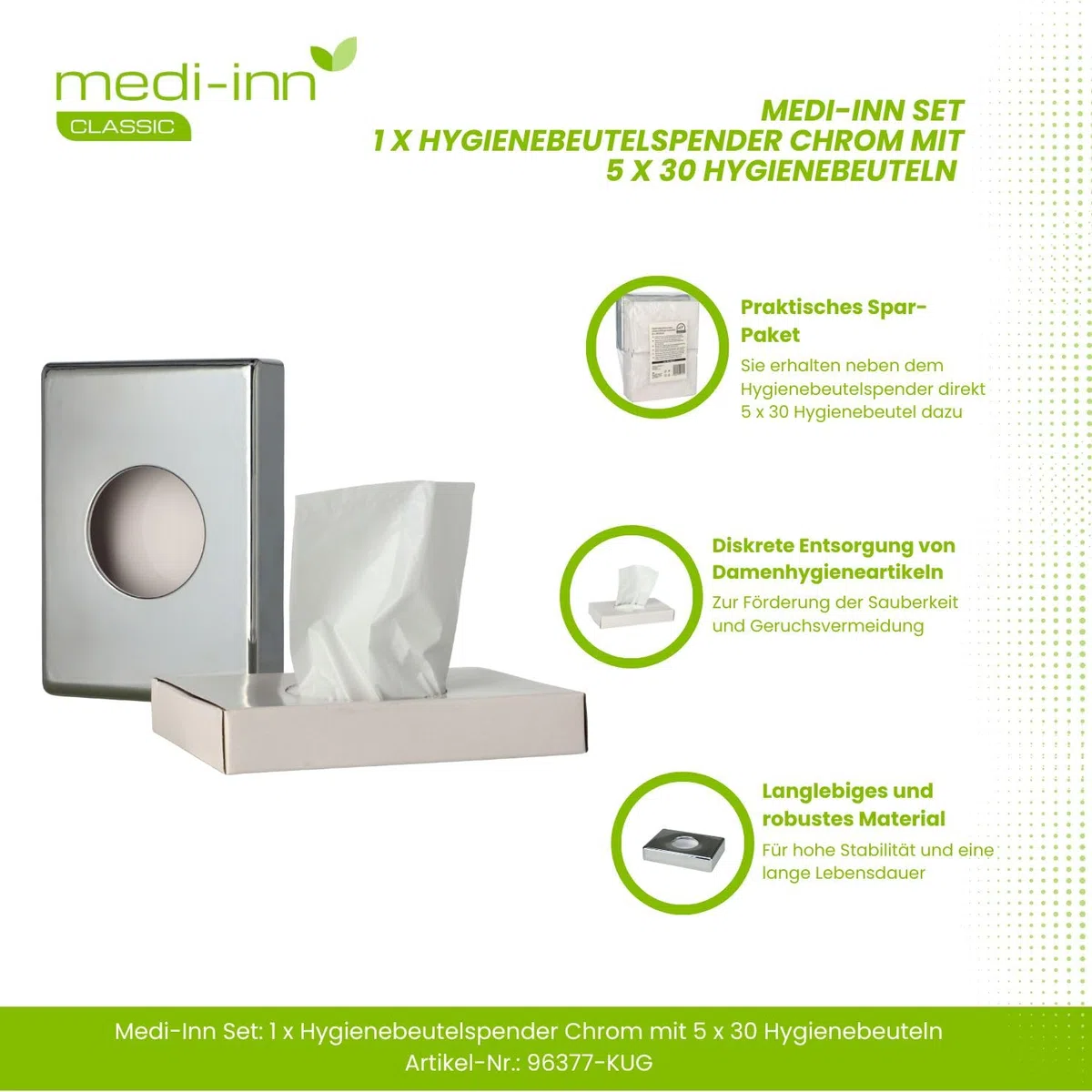 Dispensador Medi-Inn para bolsas higiénicas Dispensador de bolsas higiénicas Caja de bolsas higiénicas (1 caja cromada + 150 bolsas higiénicas)
