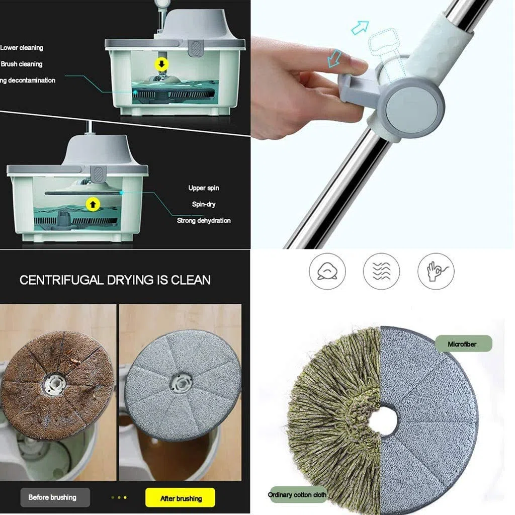 fregona, Sistema de Limpieza Pisos con trapeador Giratorio y balde 2 Cabezales Microfibra Trapeador Piso Piso Madera Dura