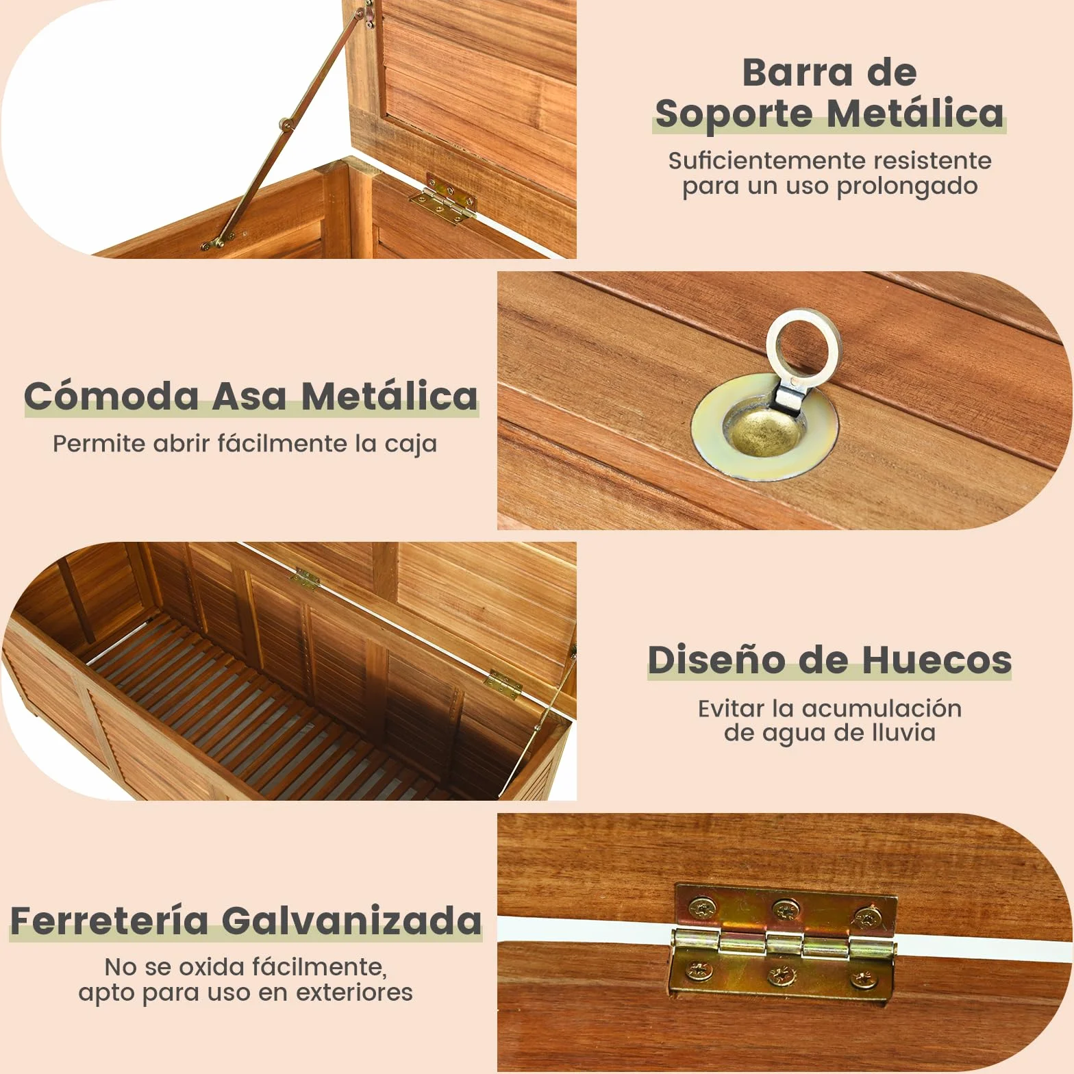 RELAX4LIFE Baúl Almacenaje Exterior Madera Acacia 120,5x44,5x44,5cm Carga 160kg